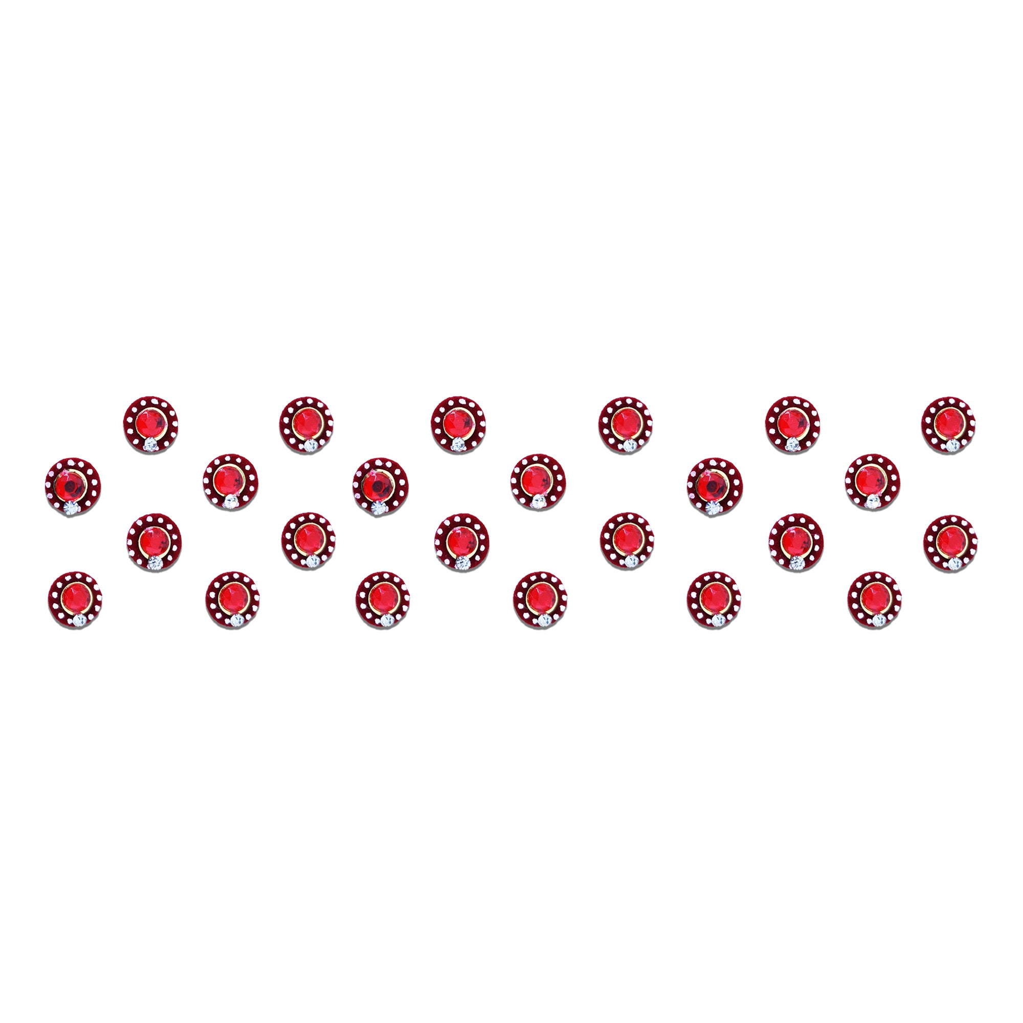 Comet Busters ruby red round designer bindi sheet featuring sparkling ruby red stone center bindis with a maroon border, white dotted detailing, and a clear crystal accent. Reusable self-adhesive bindis for women and girls, ideal for festive wear, weddings, Navratri, Diwali, Karwa Chauth, temple visits, cultural celebrations, sarees, lehengas, salwar suits, kurtis, and elegant ethnic styling.