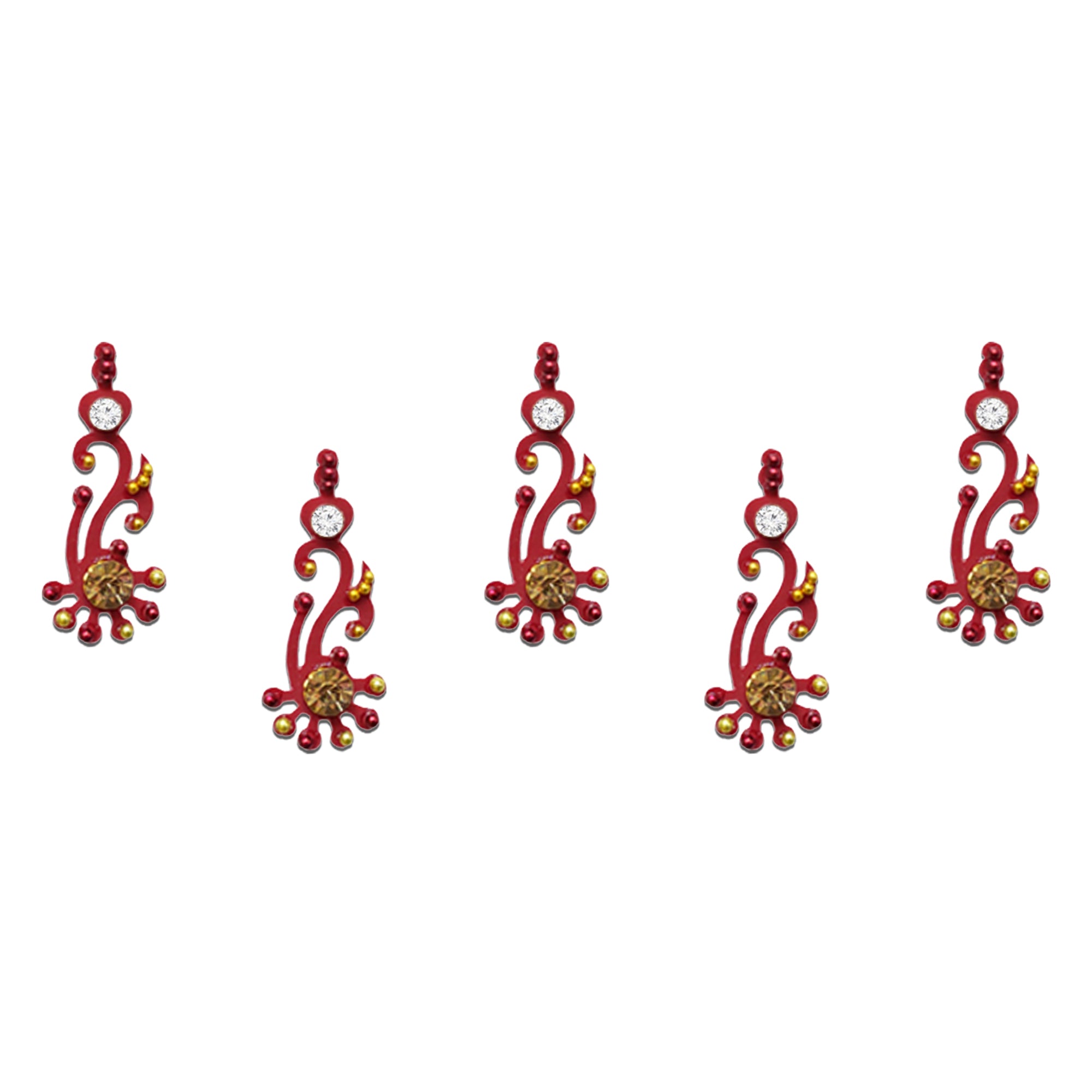 Comet Busters Red Swirl Stone Designer Bindi for Women and Girls, elegant red swirl-pattern bindi embellished with sparkling white and golden stones, decorative bead accents and intricate designer detailing, reusable forehead accessory for weddings, festivals, parties and traditional ethnic wear.