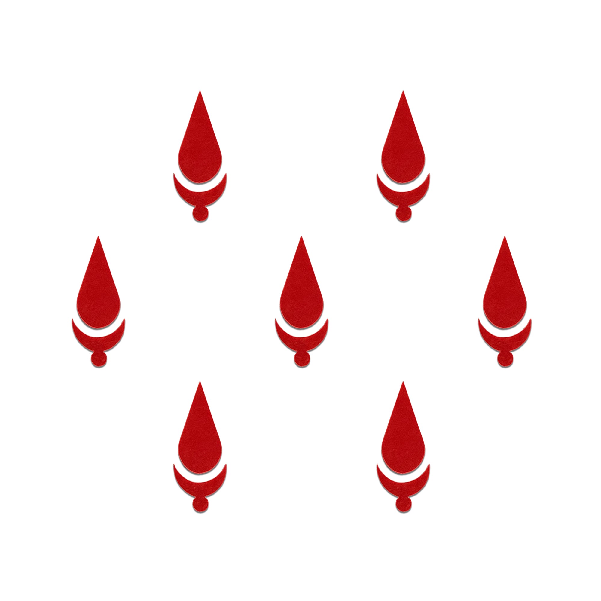 Comet Busters red and white tear drop bindi featuring a pointed teardrop shape with a curved crescent accent and small round detail, traditional decorative forehead bindi for women and girls.