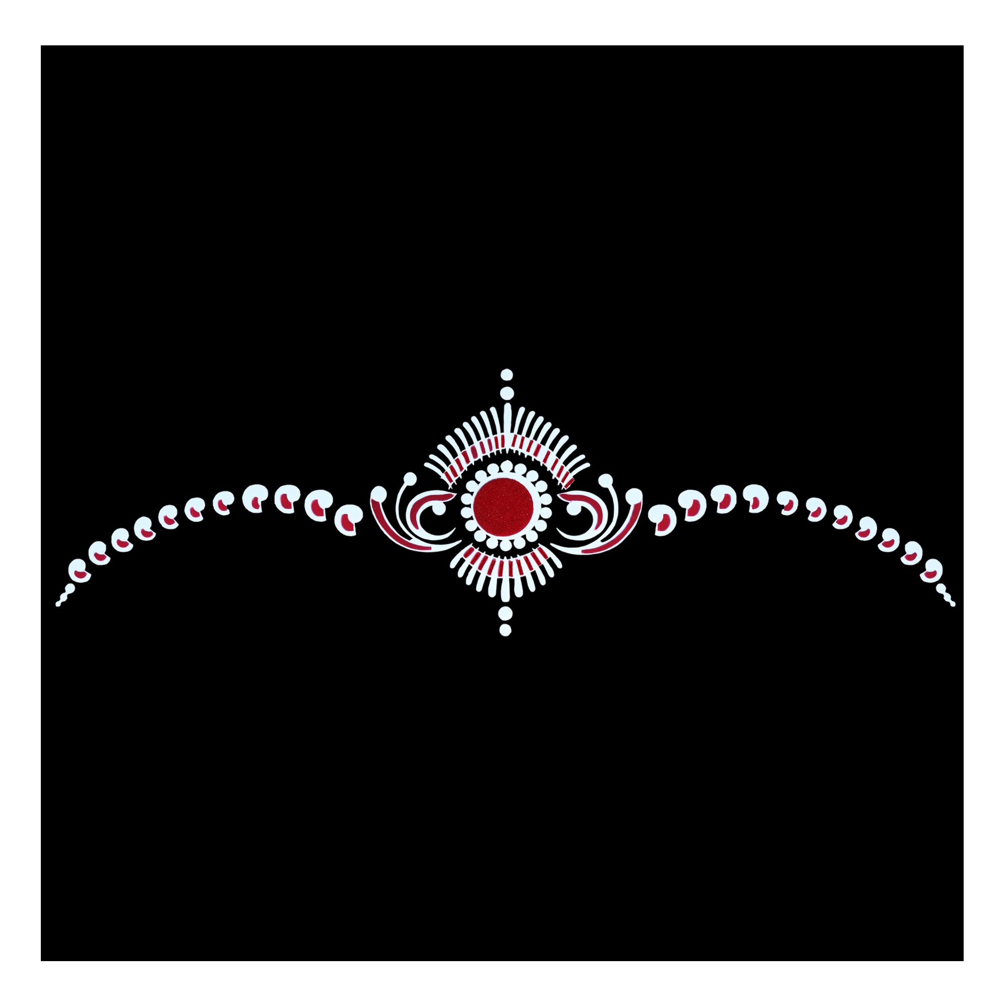 Comet Busters designer bindi featuring a white ornamental floral vine pattern with lotus-inspired detailing and a red velvet circular center on a black background, creating a bold traditional ethnic look.