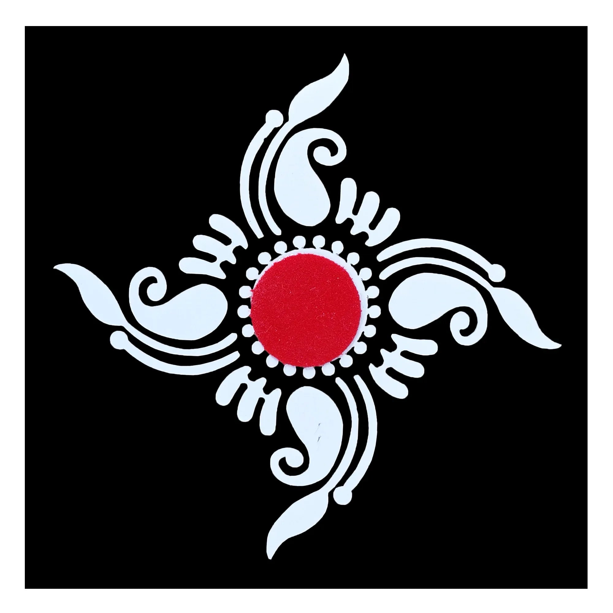 Comet Busters red and white floral hand bindi sticker applied on hands for traditional and festive styling