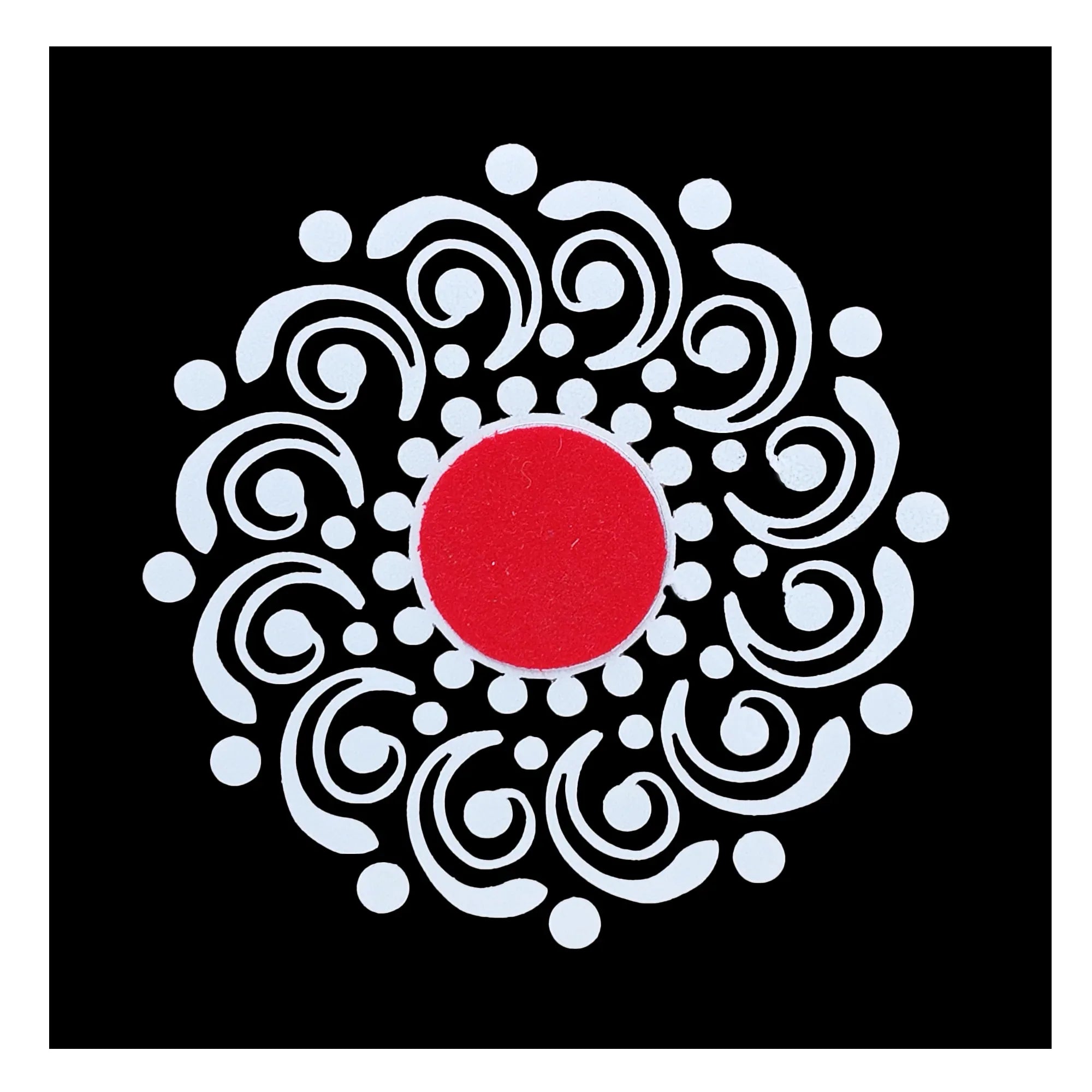 Comet Busters red and white leafy sun hand bindi sticker applied on the back of both hands for festive and traditional styling