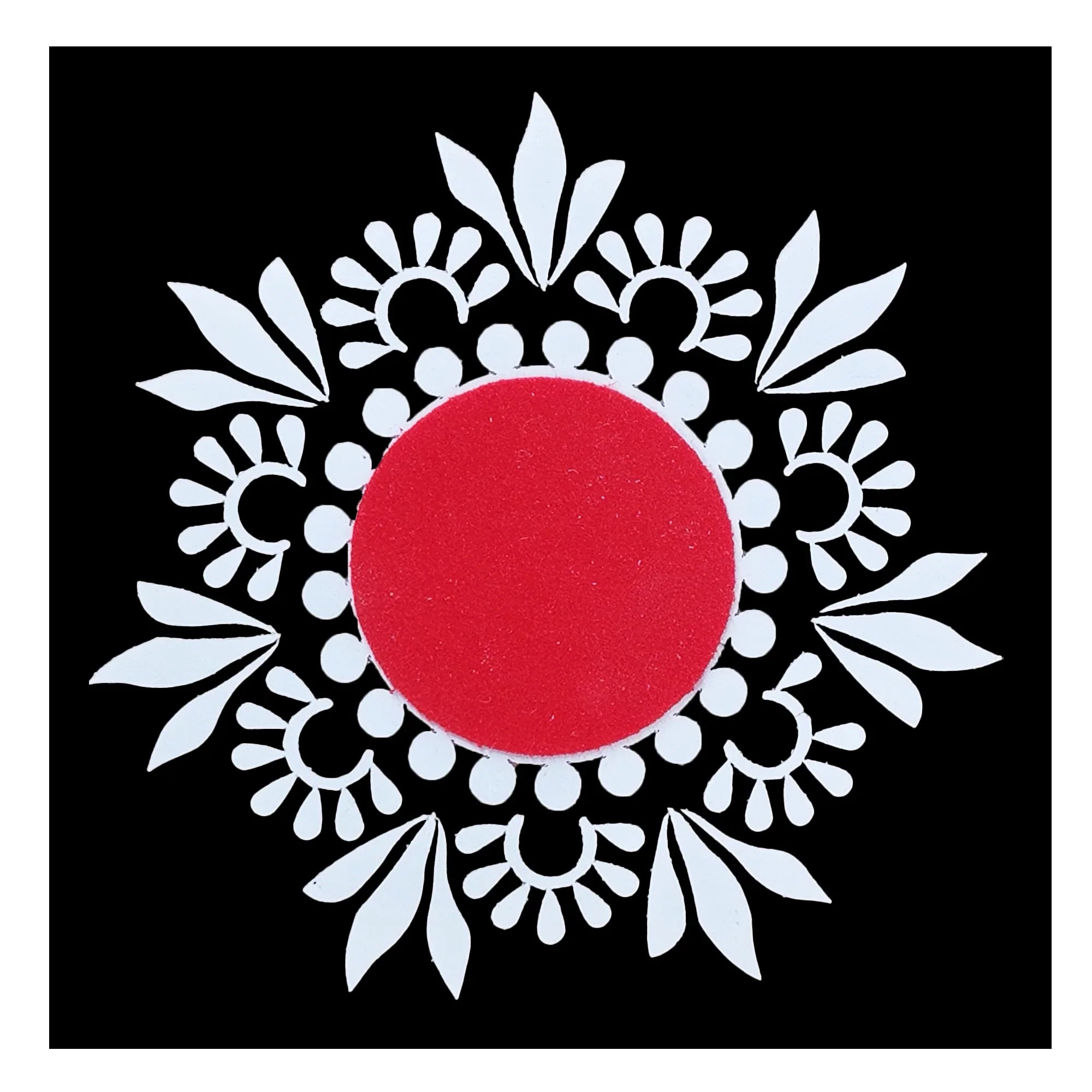 : Comet Busters red round bindi with white floral mandala, leaf and dotted hand decoration sticker pack