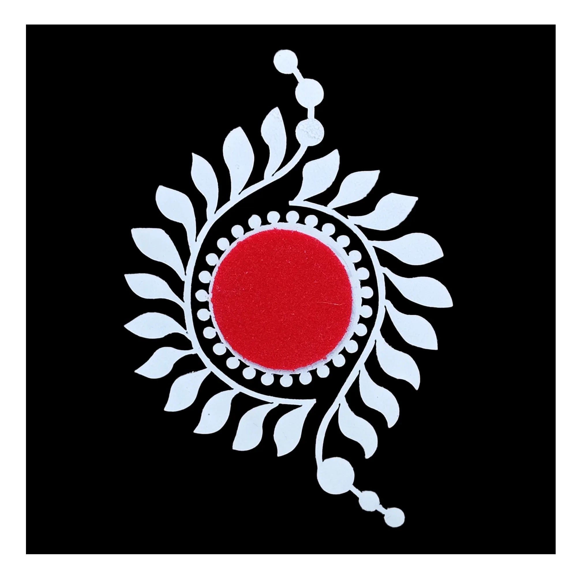 Comet Busters red round hand bindi with white leafy sunburst design, decorative dots and botanical detailing