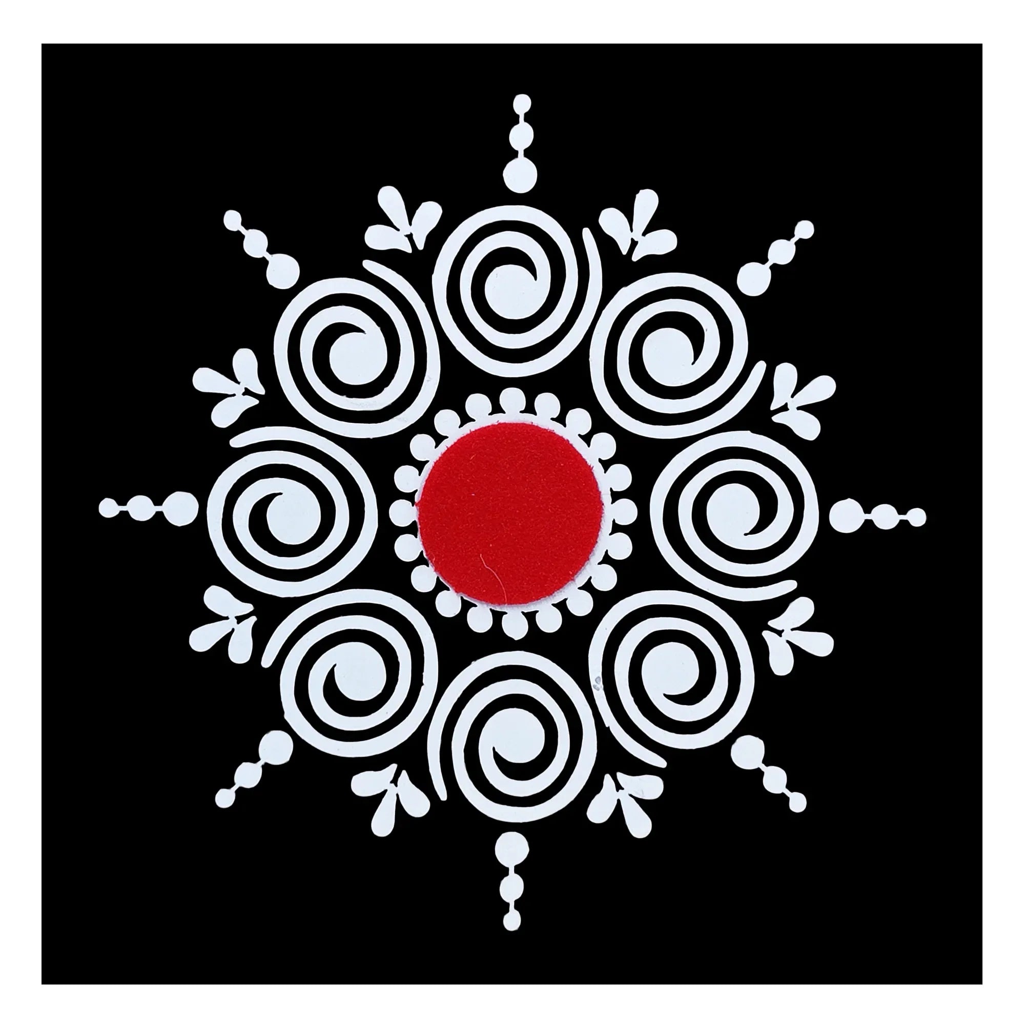 Comet Busters red round hand bindi with white spiral mandala and decorative dot design sticker pack