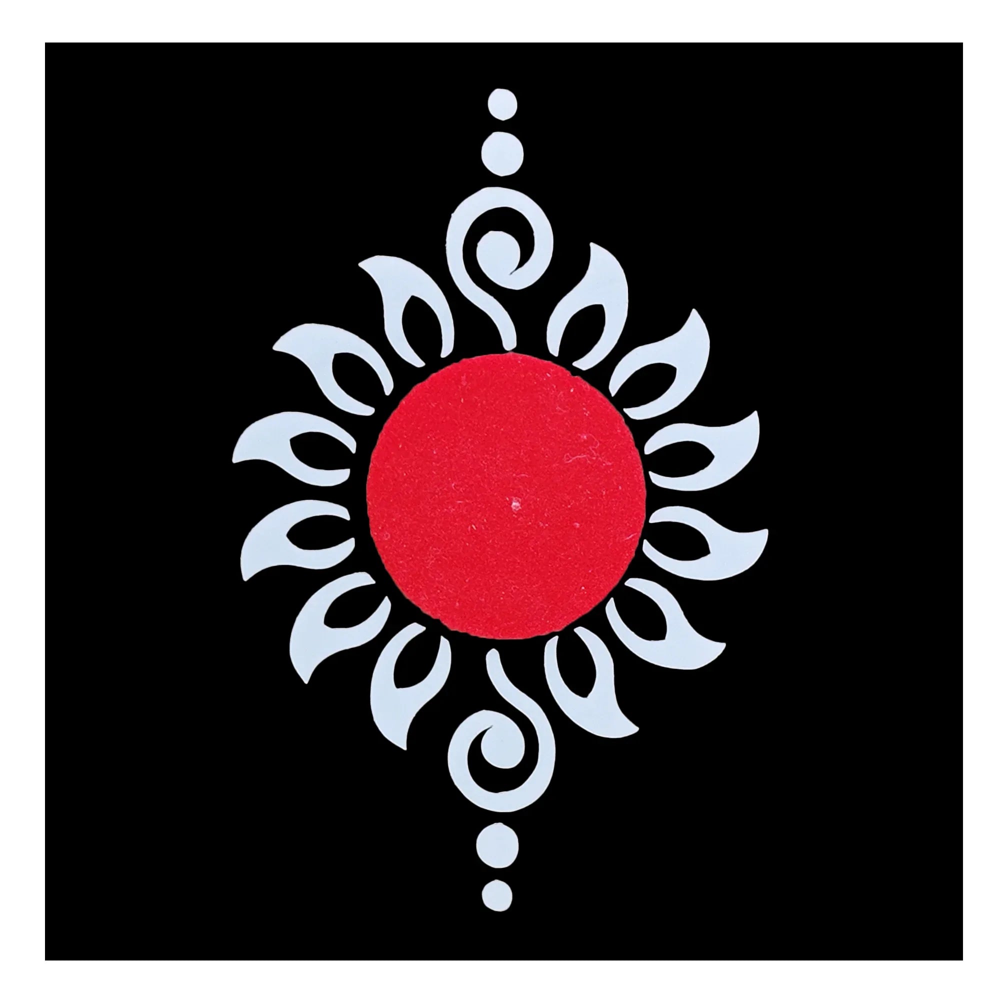 Comet Busters red round hand bindi with white sunburst swirl design and decorative dots