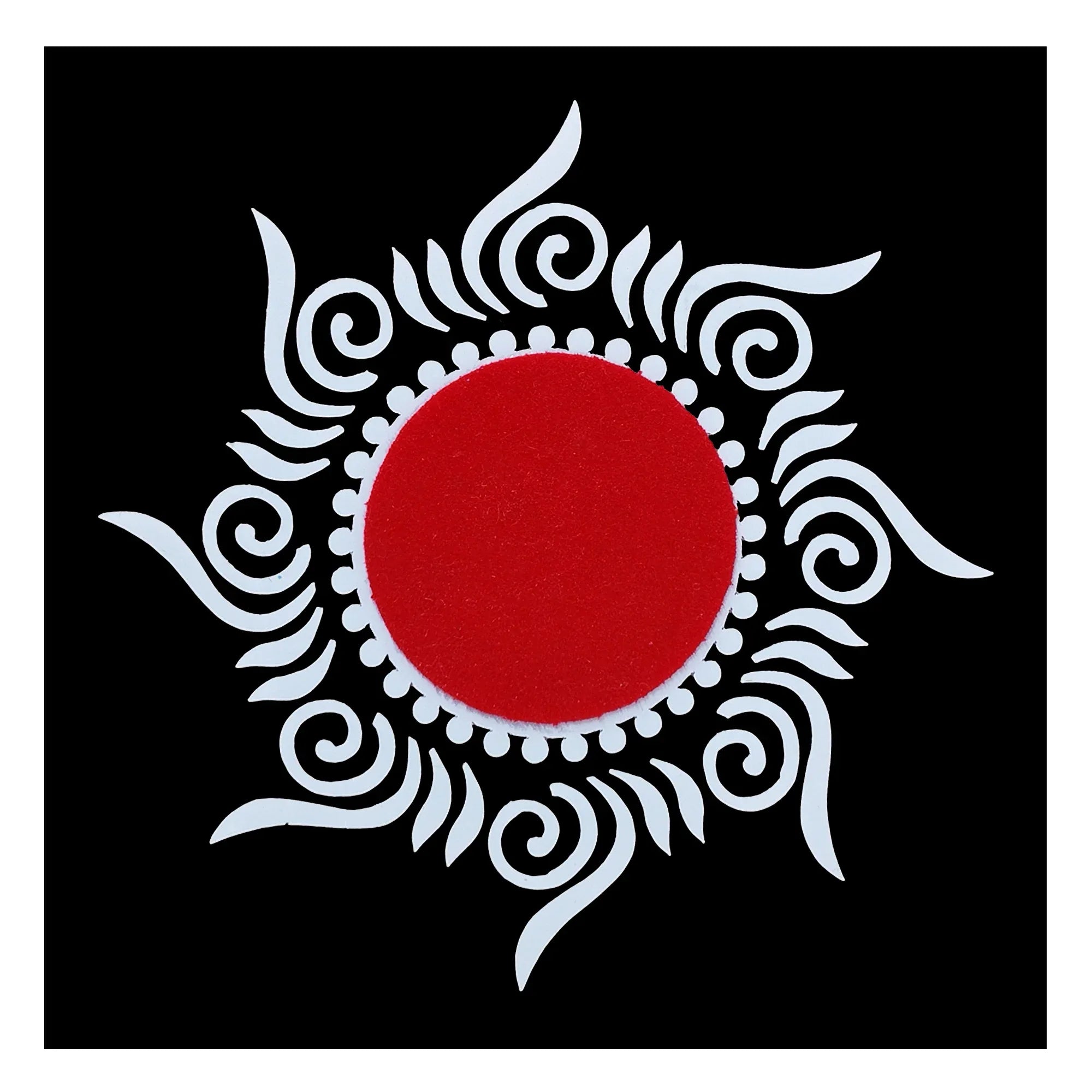 Comet Busters red and white swirl hand bindi sticker applied on both hands for traditional and festive styling