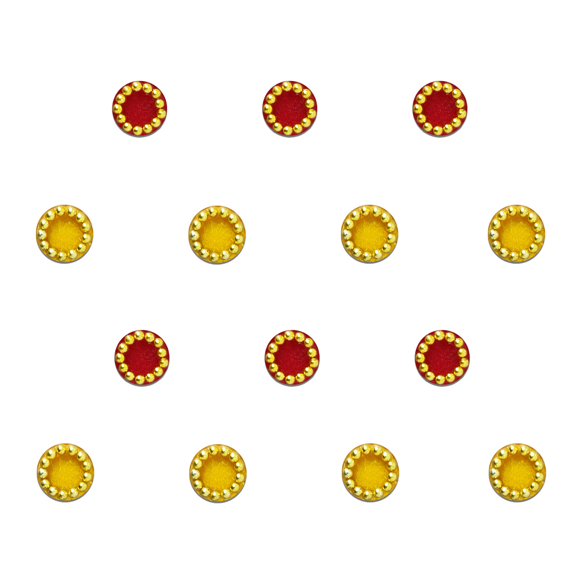 Comet Busters Dual Tone Red & Yellow Gold Beaded Round Velvet Bindi featuring premium circular velvet bindis with an elegant gold bead border in vibrant red and bright yellow. Self-adhesive traditional bindis for women and girls, perfect for daily wear, festive occasions