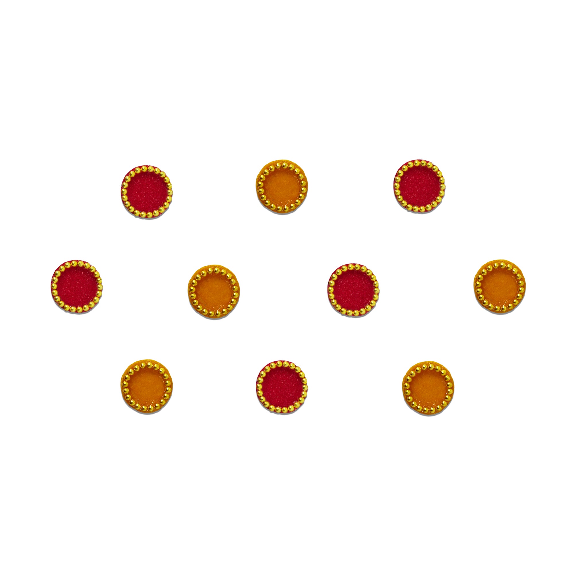 Comet Busters Dual Tone Round Velvet Beaded Bindi featuring classic circular velvet bindis in vibrant red and mustard yellow shades with an elegant gold micro-beaded border. Soft, self-adhesive, lightweight, and comfortable for women and girls. Perfect for daily wear, weddings, festivals, pooja, office wear, traditional ceremonies, Navratri, and ethnic outfits.
