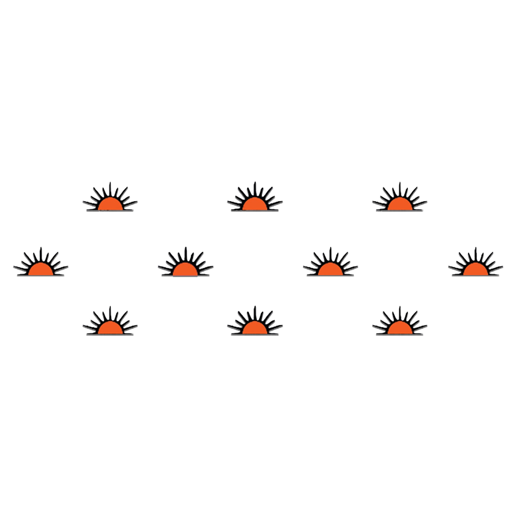 Comet Busters sunrise horizon bindi featuring an orange rising sun with black sunrays, inspired by dawn motifs for traditional and spiritual styling.