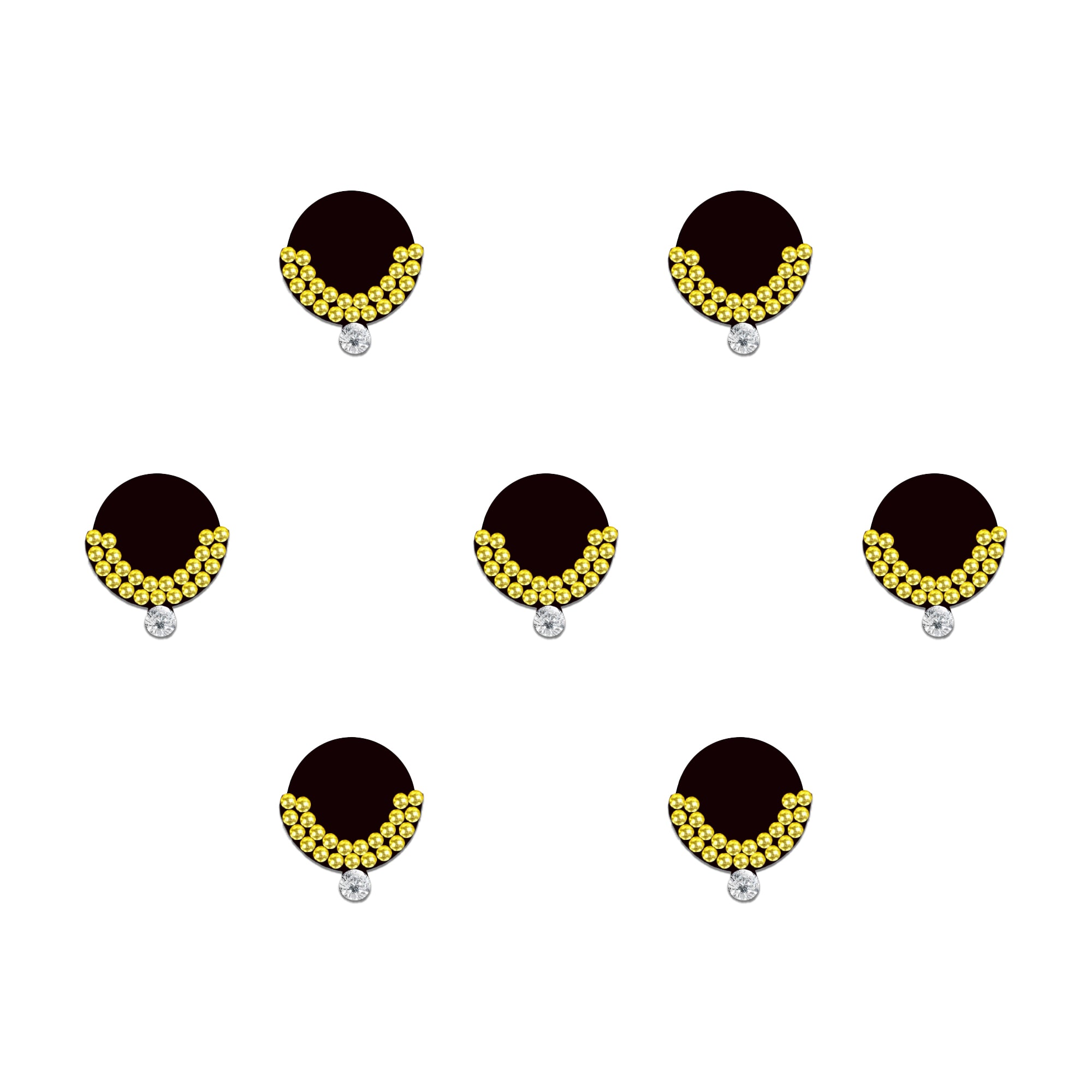Comet Busters designer bindis featuring round bindis decorated with golden rhinestone detailing and crystal drop accents, elegant self-adhesive festive bindi set for women and girls with forehead styling reference and premium packaging.