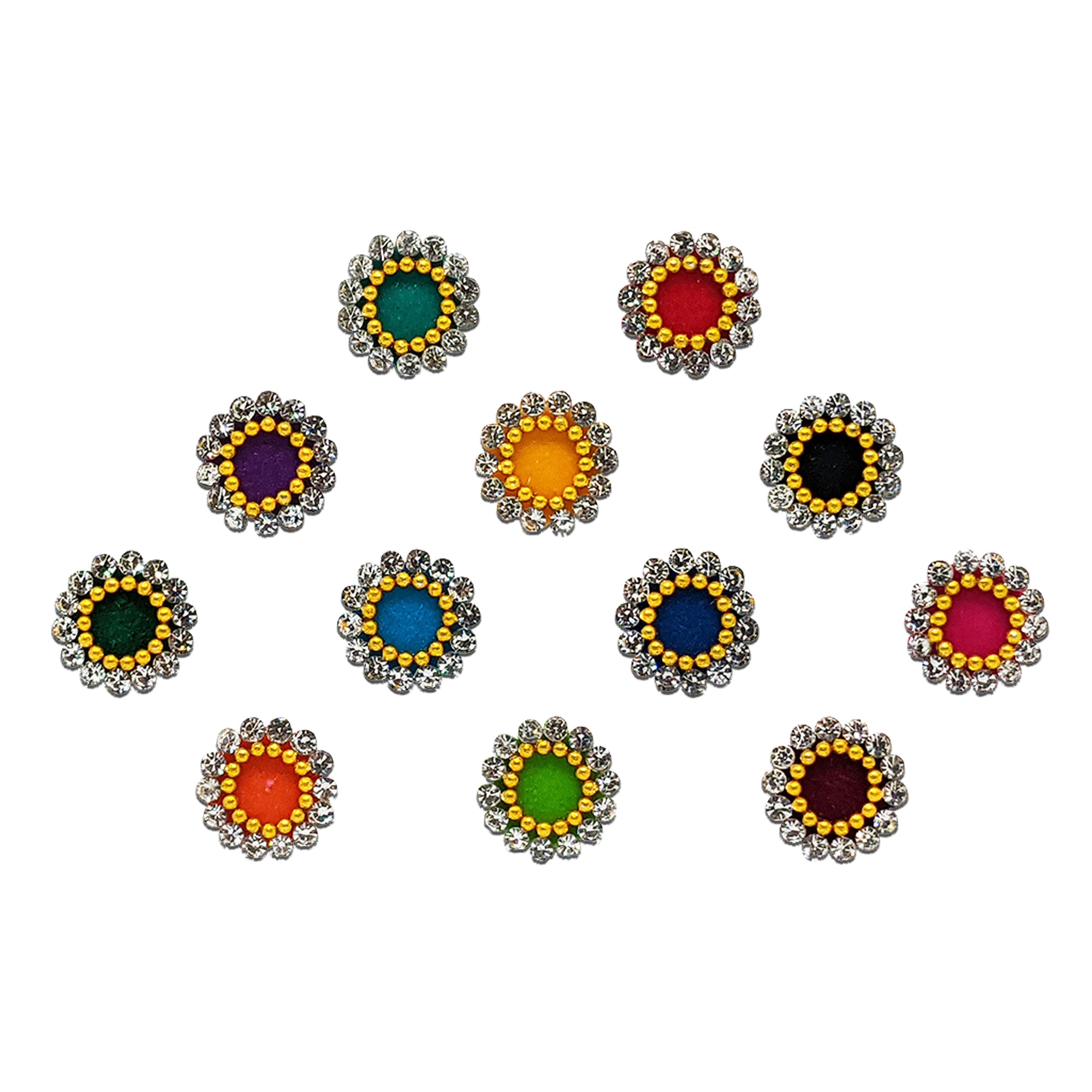 Comet Busters multicolor round bindis featuring sparkling crystal stone borders with golden bead detailing and vibrant center colors for festive and ethnic wear styling.
