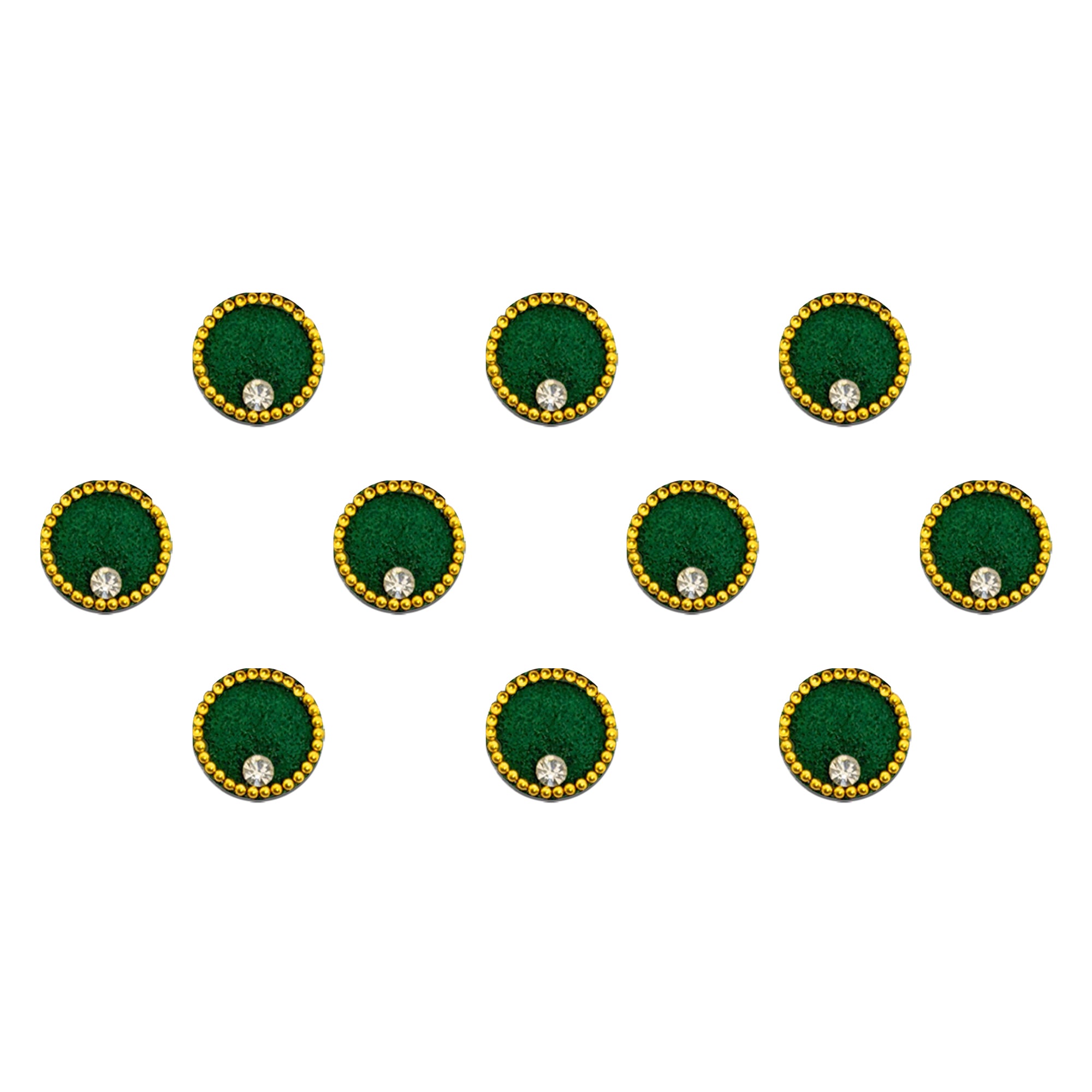 Comet Busters emerald green round velvet bindi with golden bead border and crystal stone accent, traditional designer Indian forehead sticker bindis for women and girls.
