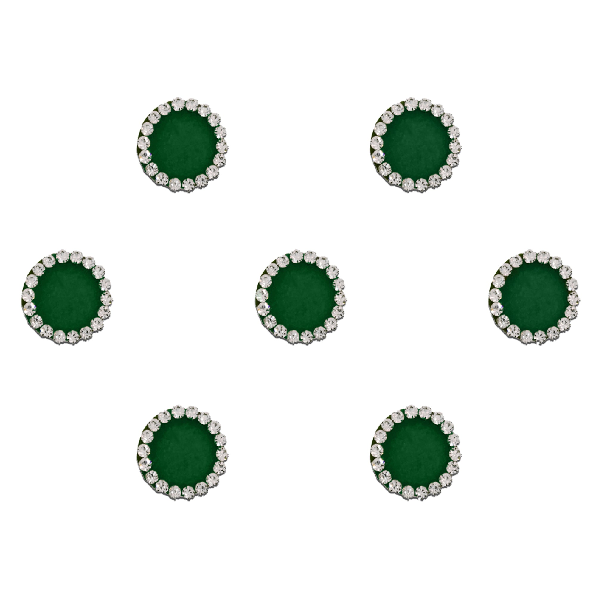 Comet Busters green round bindis featuring sparkling crystal stone borders in an elegant premium designer style for festive, bridal, and ethnic wear.