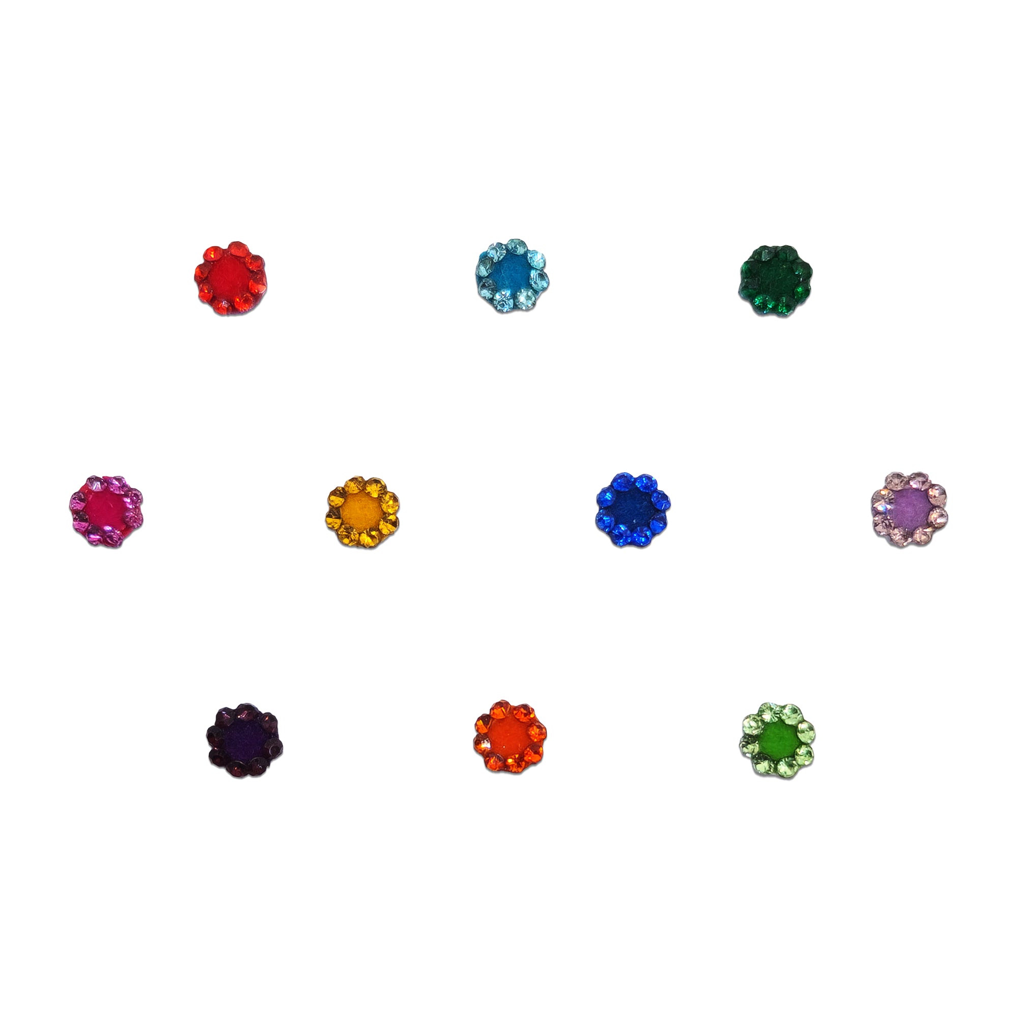 Comet Busters multicolor round bindis featuring sparkling crystal stones surrounded by gold bead floral detailing in shades of red, green, blue, pink, purple, orange, yellow, and white for festive and ethnic wear.