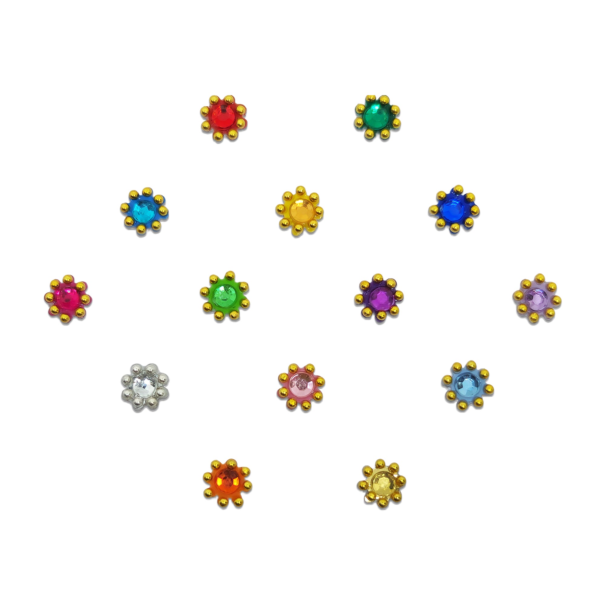 Comet Busters multicolor round bindis featuring sparkling crystal stones surrounded by gold bead floral detailing in shades of red, green, blue, pink, purple, orange, yellow, and white for festive and ethnic wear.