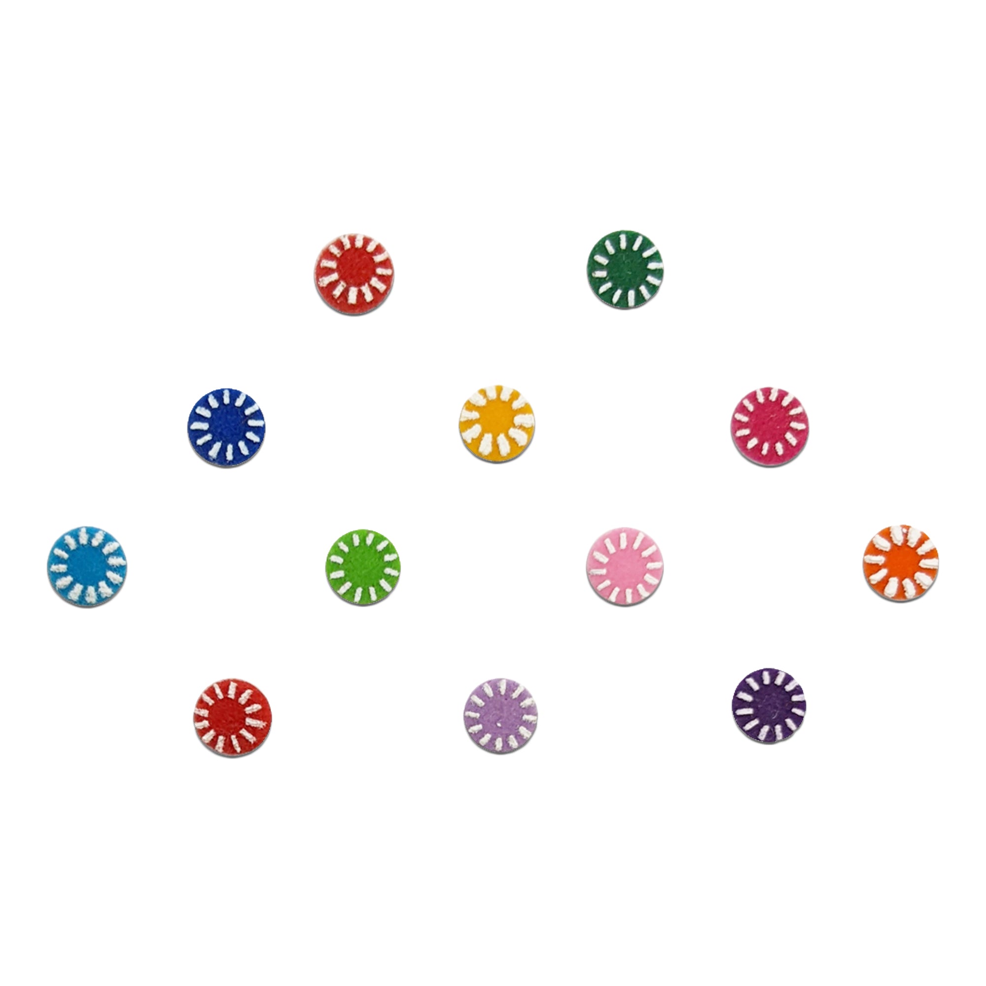 Comet Busters multicolor round velvet bindis featuring classic circular design with decorative white sunray border detailing in green, red, pink, blue, yellow, purple, orange, and light purple shades for traditional and daily ethnic wear.