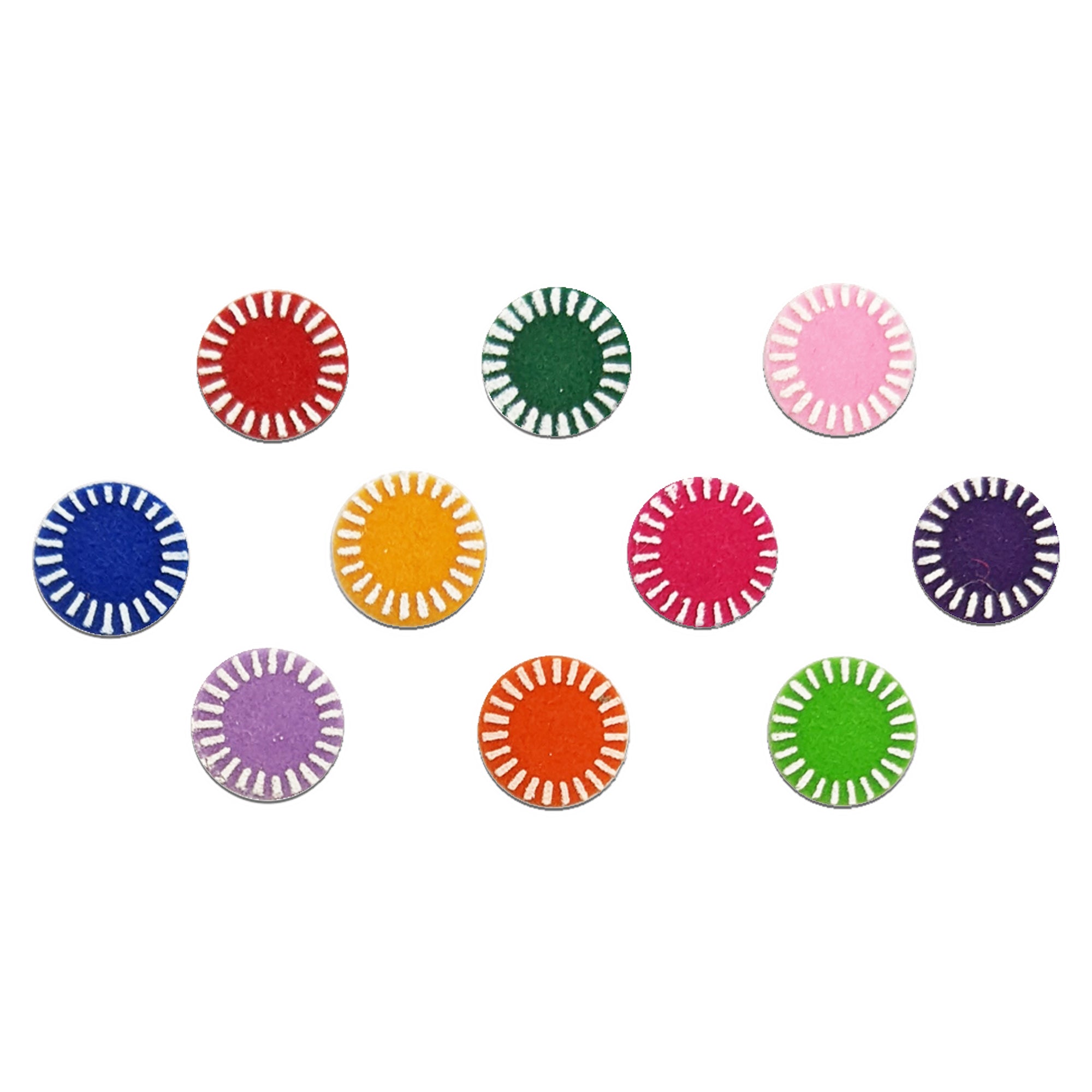 Comet Busters multicolor round velvet bindis featuring classic circular design with decorative white sunray border detailing in green, red, pink, blue, yellow, purple, orange, and light purple shades for traditional and daily ethnic wear.