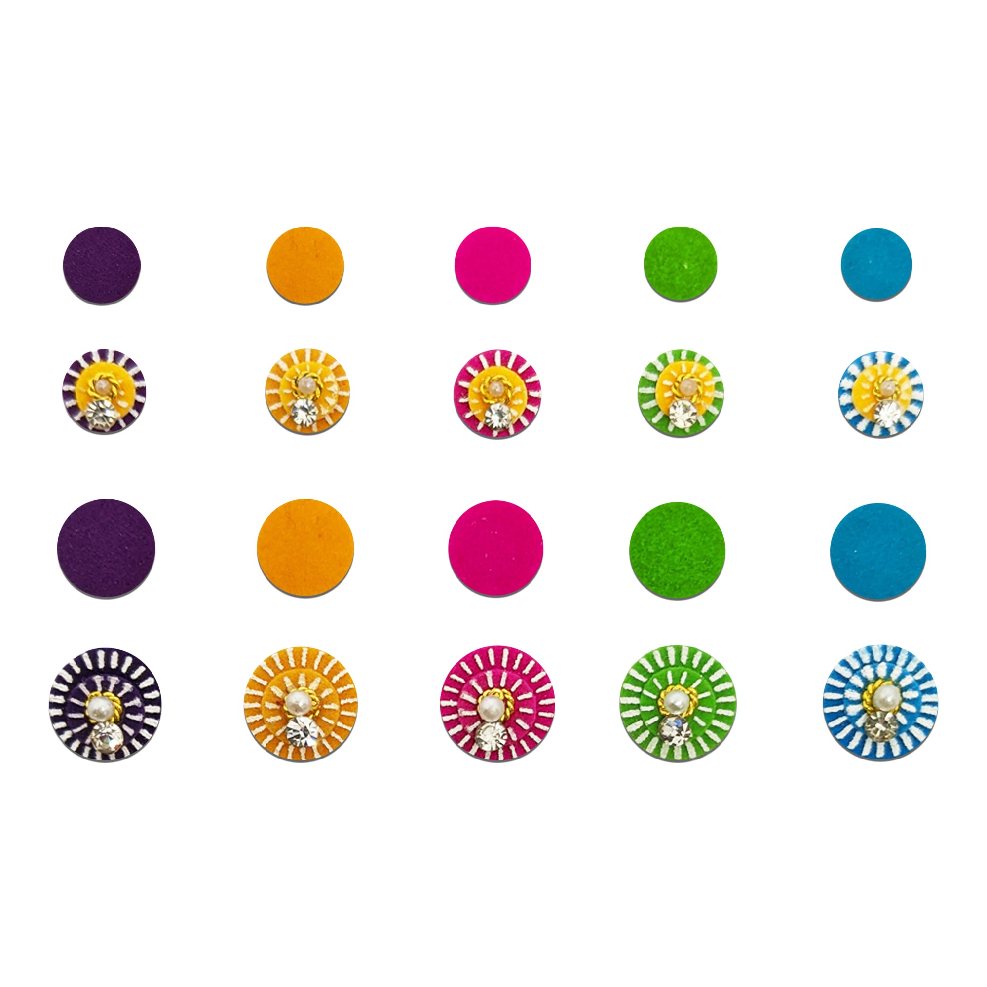 Comet Busters multicolor round velvet bindis featuring classic circular design with decorative white sunray border detailing in green, red, pink, blue, yellow, purple, orange, and light purple shades for traditional and daily ethnic wear.