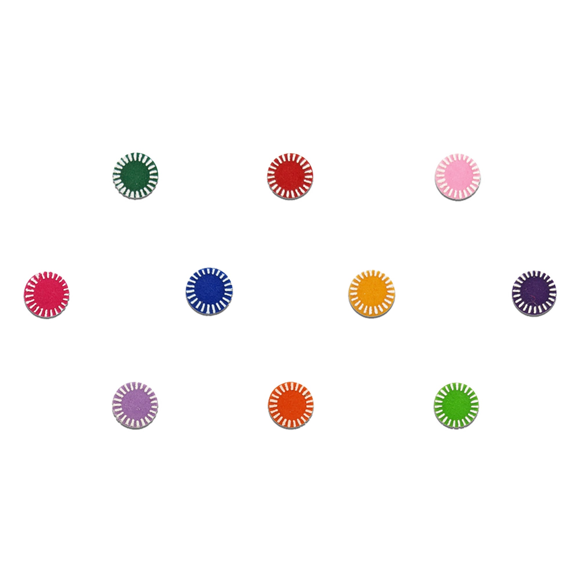 Comet Busters multicolor round velvet bindis featuring classic circular design with decorative white sunray border detailing in green, red, pink, blue, yellow, purple, orange, and light purple shades for traditional and daily ethnic wear.