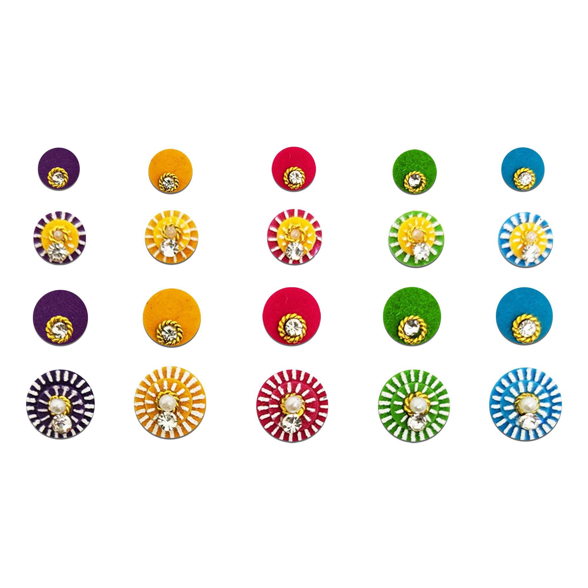 Comet Busters multicolor round velvet bindis featuring plain velvet circles and decorative sunray-pattern bindis with pearl center stones, crystal accents, and striped border detailing in purple, yellow, pink, green, and blue shades.