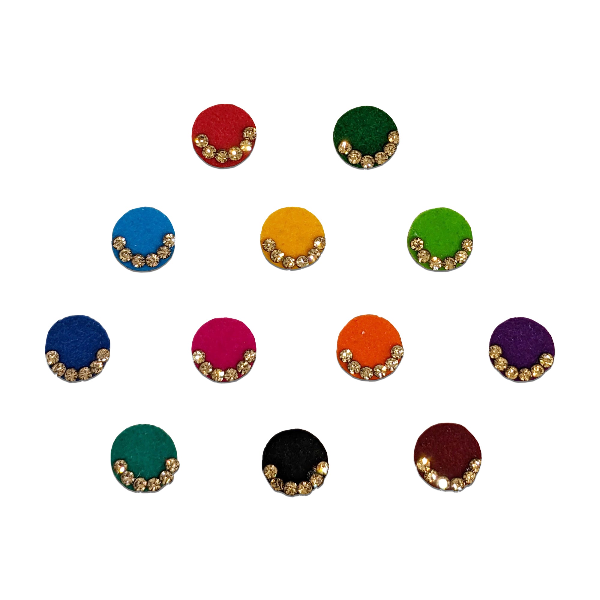 Comet Busters colorful velvet dot bindis with elegant crystal stone detailing.