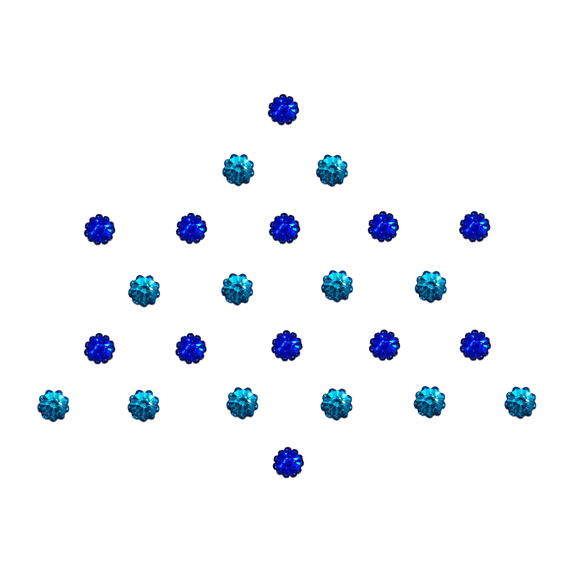 Comet Busters Royal Blue & Aqua Crystal Flower Bindi sheet featuring alternating royal blue and aqua blue floral rhinestone bindis with sparkling faceted stones. Reusable self-adhesive bindis for women and girls, ideal for weddings, festivals, parties, dance performances, and ethnic or fusion wear.