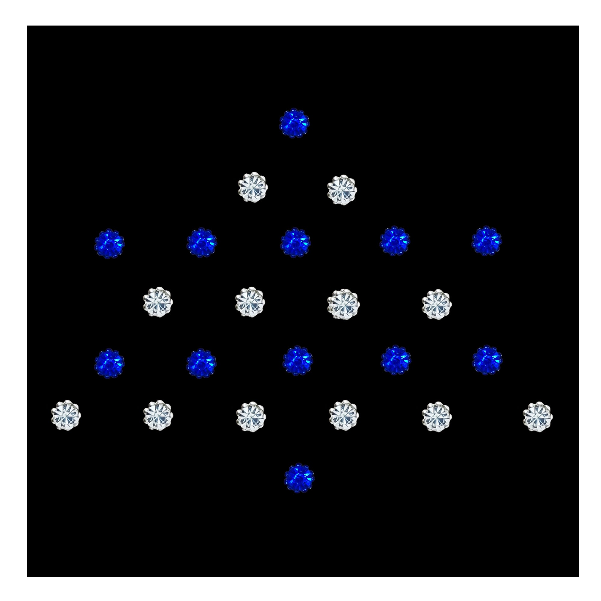 Comet Busters Royal Blue & Crystal Floral Stone Bindi featuring alternating royal blue and clear crystal floral-cut stones in a classic round design. Self-adhesive bindis for women and girls, ideal for weddings, festivals, Navratri, Garba, temple visits, dance performances, parties, cultural events, and traditional or Indo-western outfits.