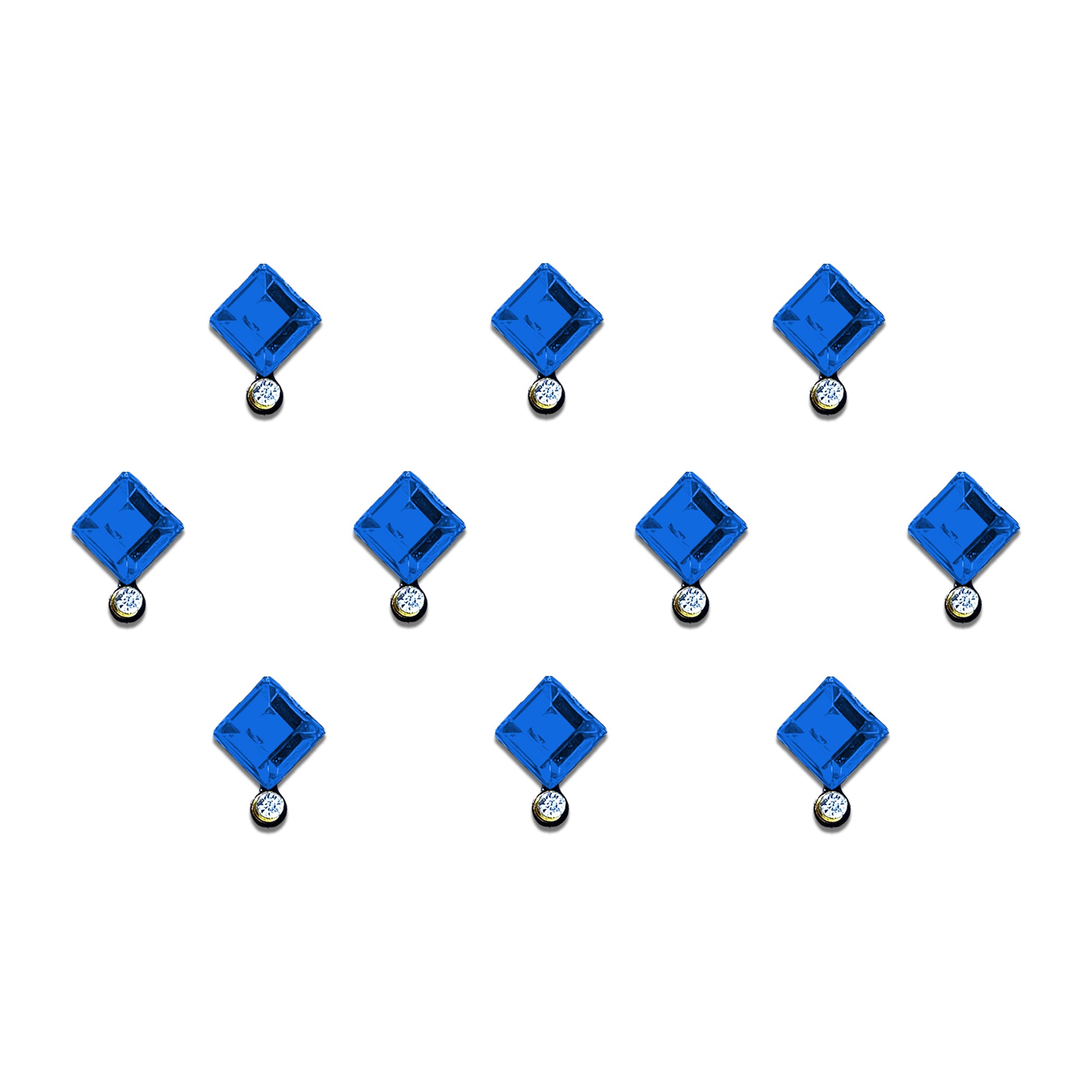 Comet Busters royal sapphire blue square stone bindi with a sparkling crystal drop, self-adhesive geometric designer forehead bindi for women and girls, perfect for weddings, festivals, parties, ethnic wear, traditional outfits, and special occasions.