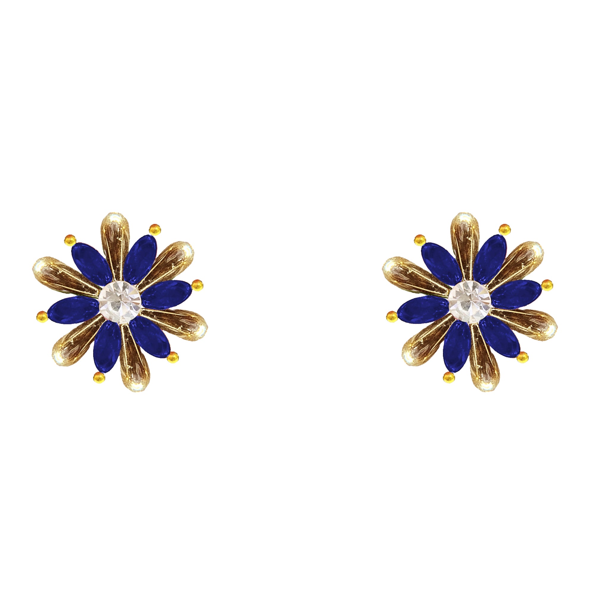 Comet Busters Royal Blue and Golden Floral Ear Stud with Crystal Center and Decorative Gold Petals for Women and Girls
