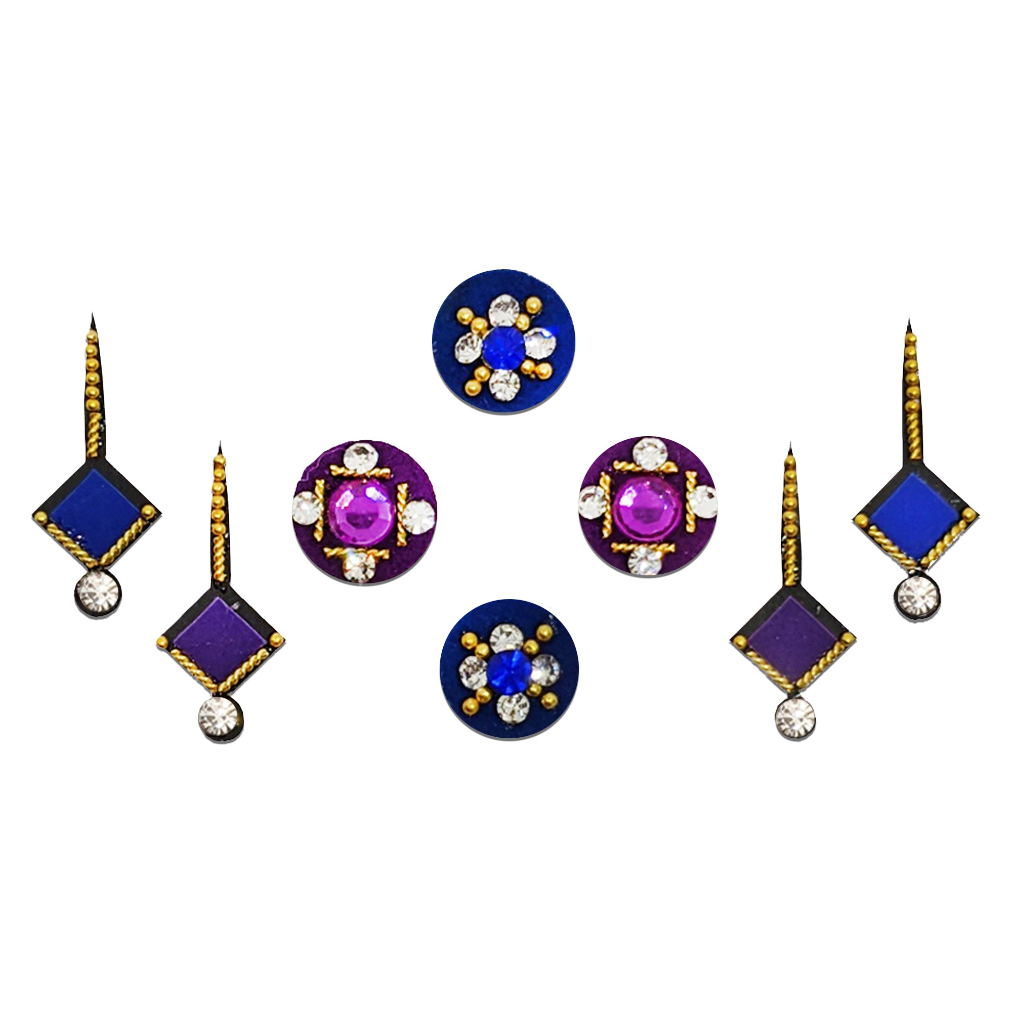 Comet Busters blue and purple designer bindis with crystal stones