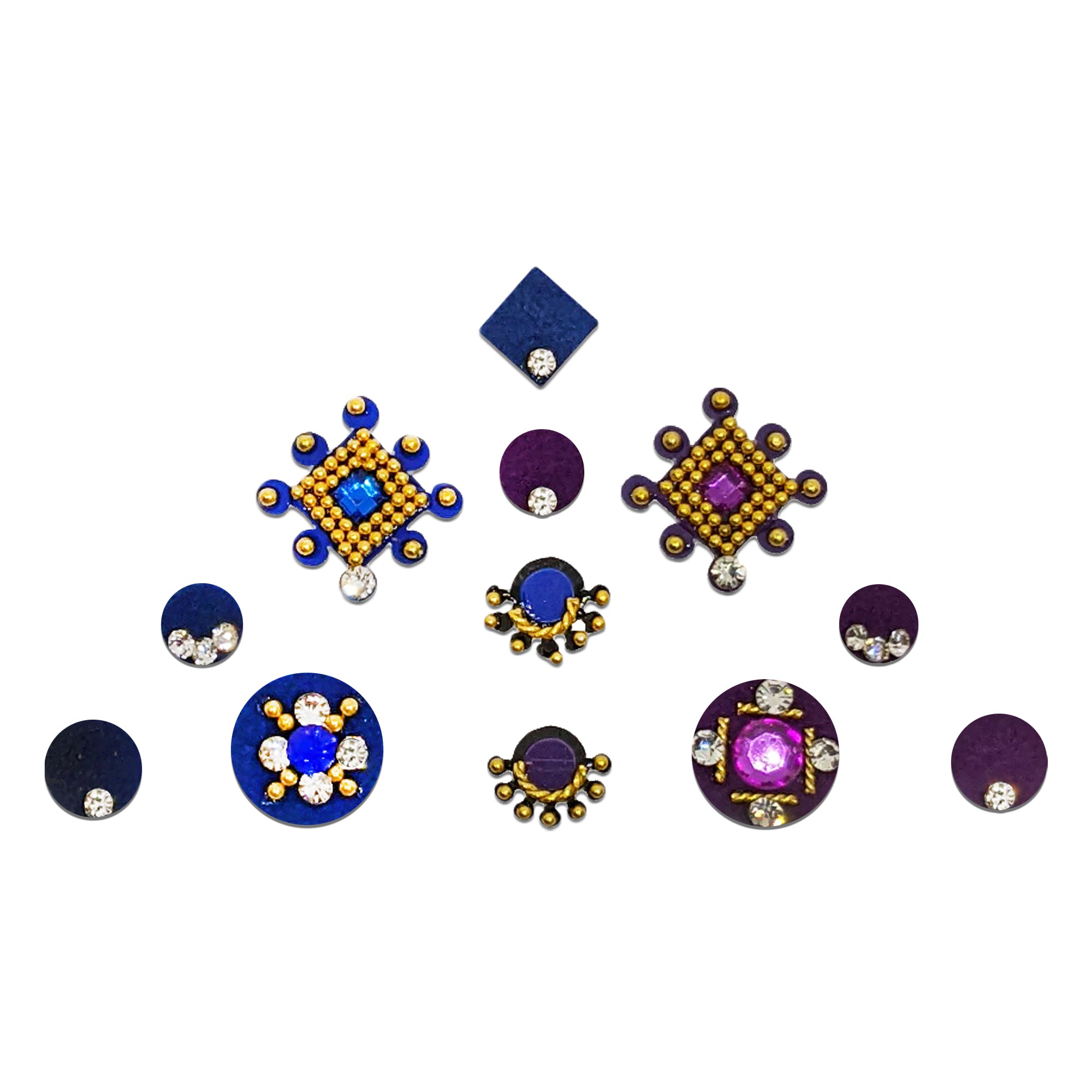 Comet Busters royal blue and purple designer bindis with crystal stones