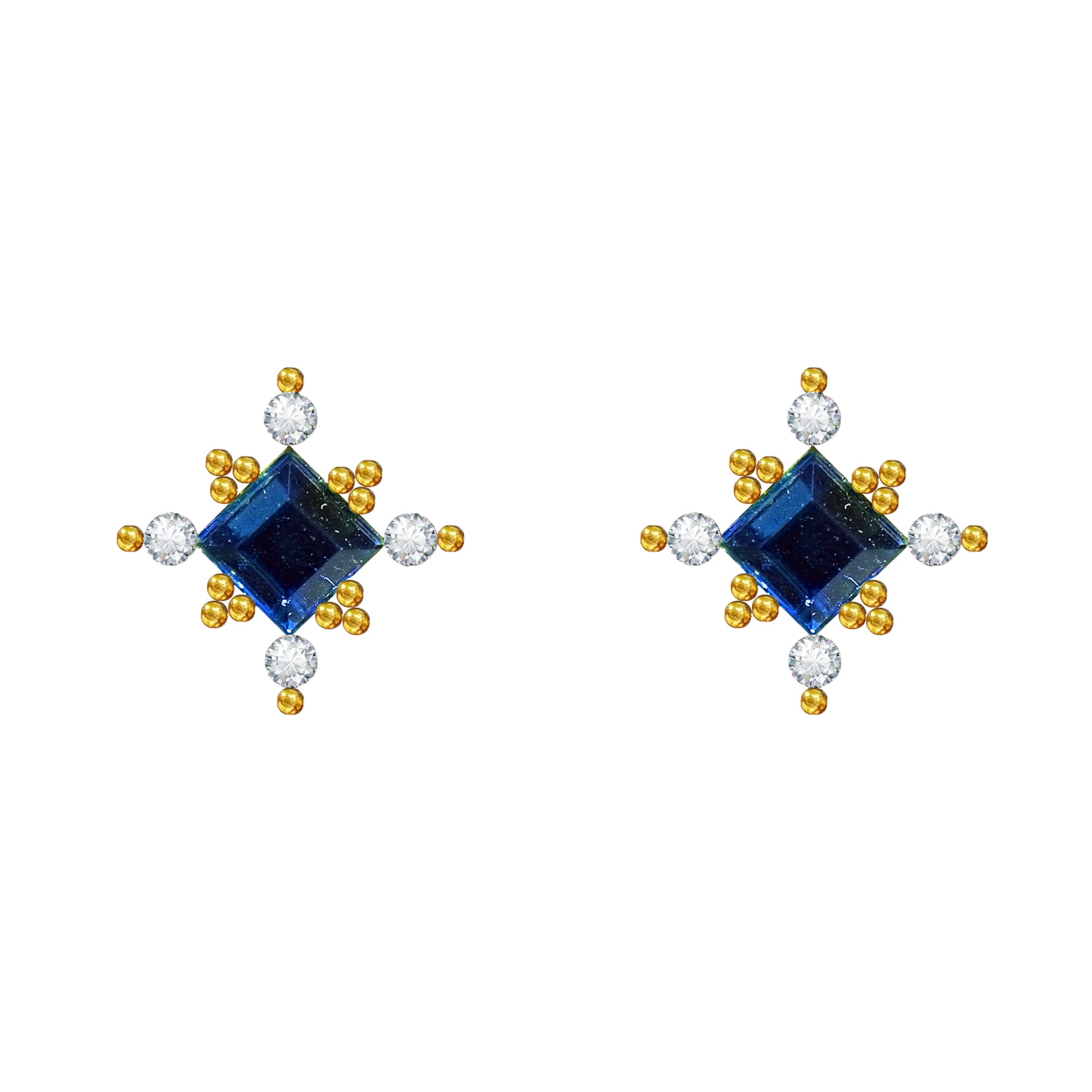 Comet Busters Royal Blue Square Crystal Ear Stud with Clear Rhinestones and Golden Bead Detailing in a Geometric Design for Women and Girls