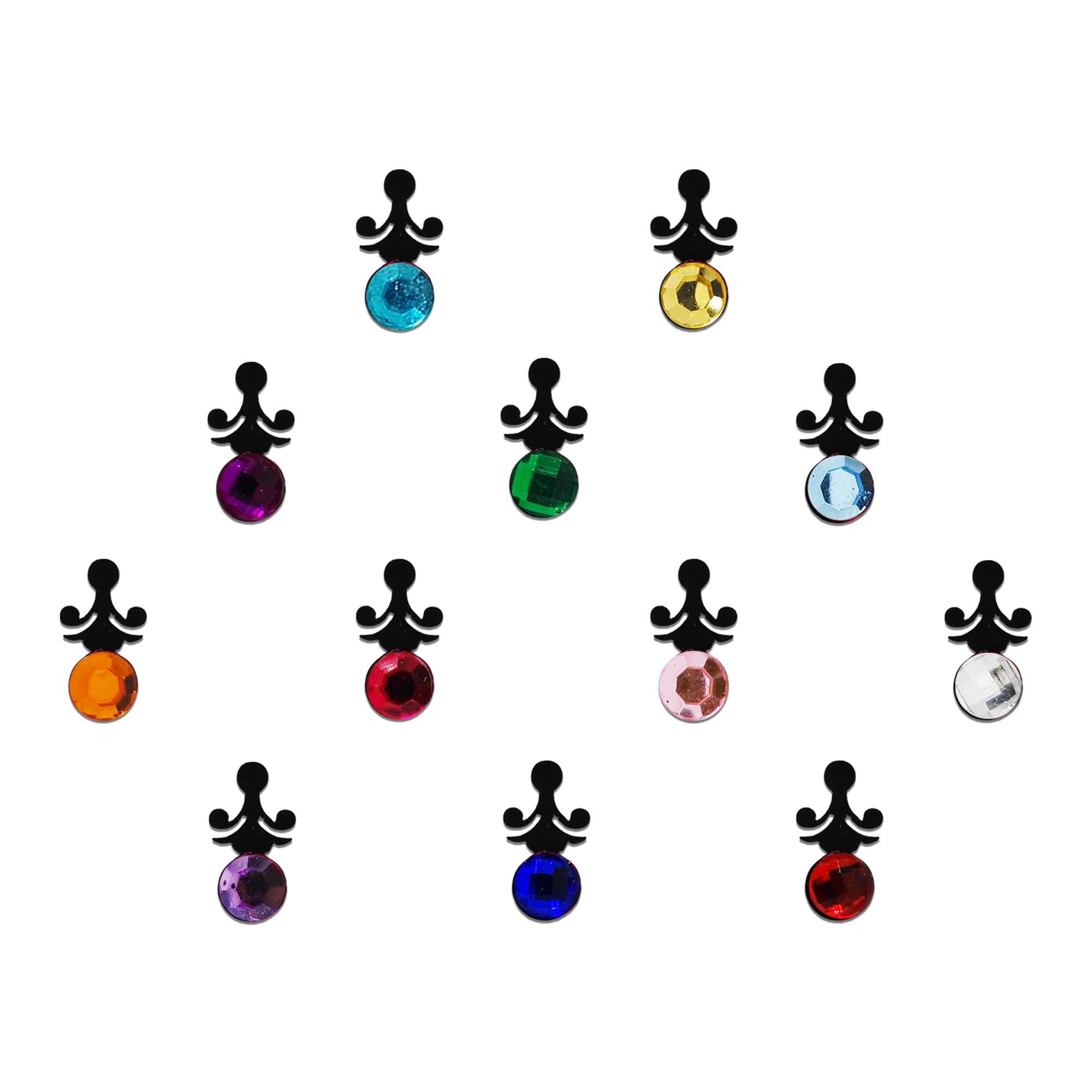 Comet Busters Royal Crystal Drop Designer Bindi featuring a sparkling round faceted crystal suspended beneath an elegant black ornamental motif. Available in multicolor gemstone shades including turquoise, gold, purple, emerald green, sky blue, orange, red, pink, silver, violet, royal blue, and ruby. Self-adhesive designer bindi for women and girls, ideal for weddings, festive occasions, Navratri, Diwali, parties, cultural events, and traditional ethnic wear.
