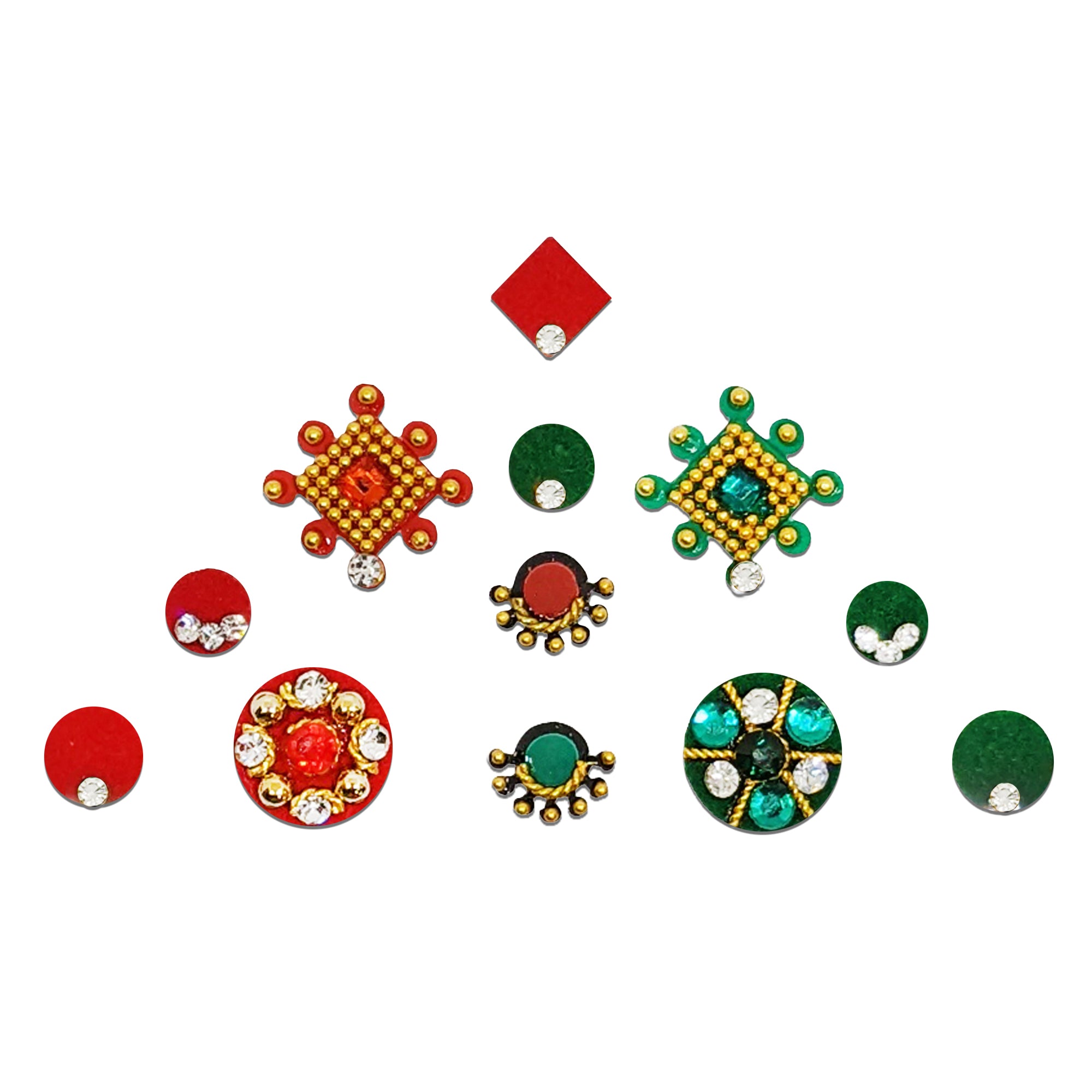 Comet Busters multicolor designer bindis with red and green stones