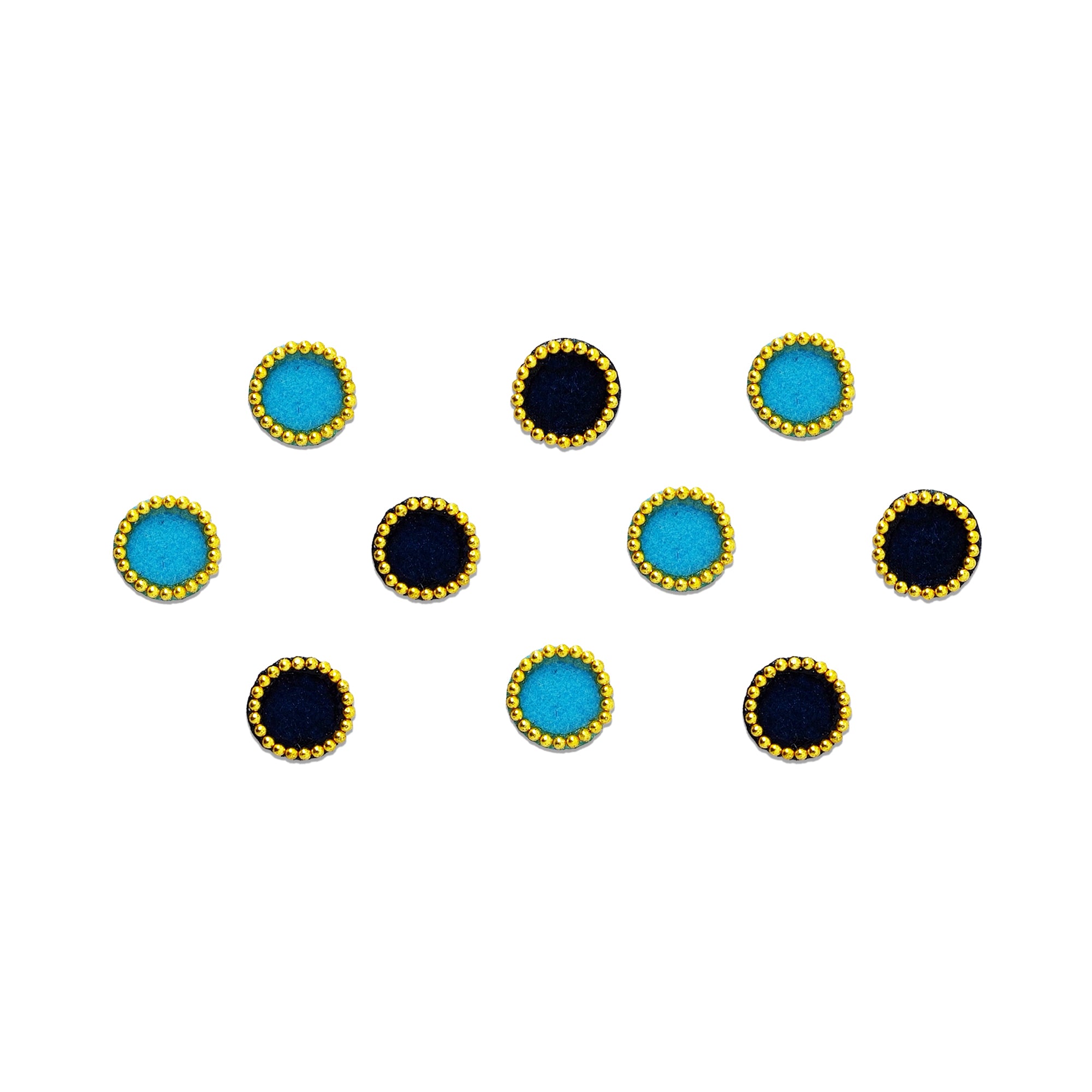 Comet Busters Royal Dual Tone Velvet Dot Bindi featuring alternating navy blue and sky blue round velvet bindis with an elegant gold beaded border. Self-adhesive designer bindis for women and girls, perfect for daily wear, office, festive celebrations, weddings, Navratri, Diwali, Karwa Chauth, temple visits, cultural events, and traditional or Indo-western outfits.