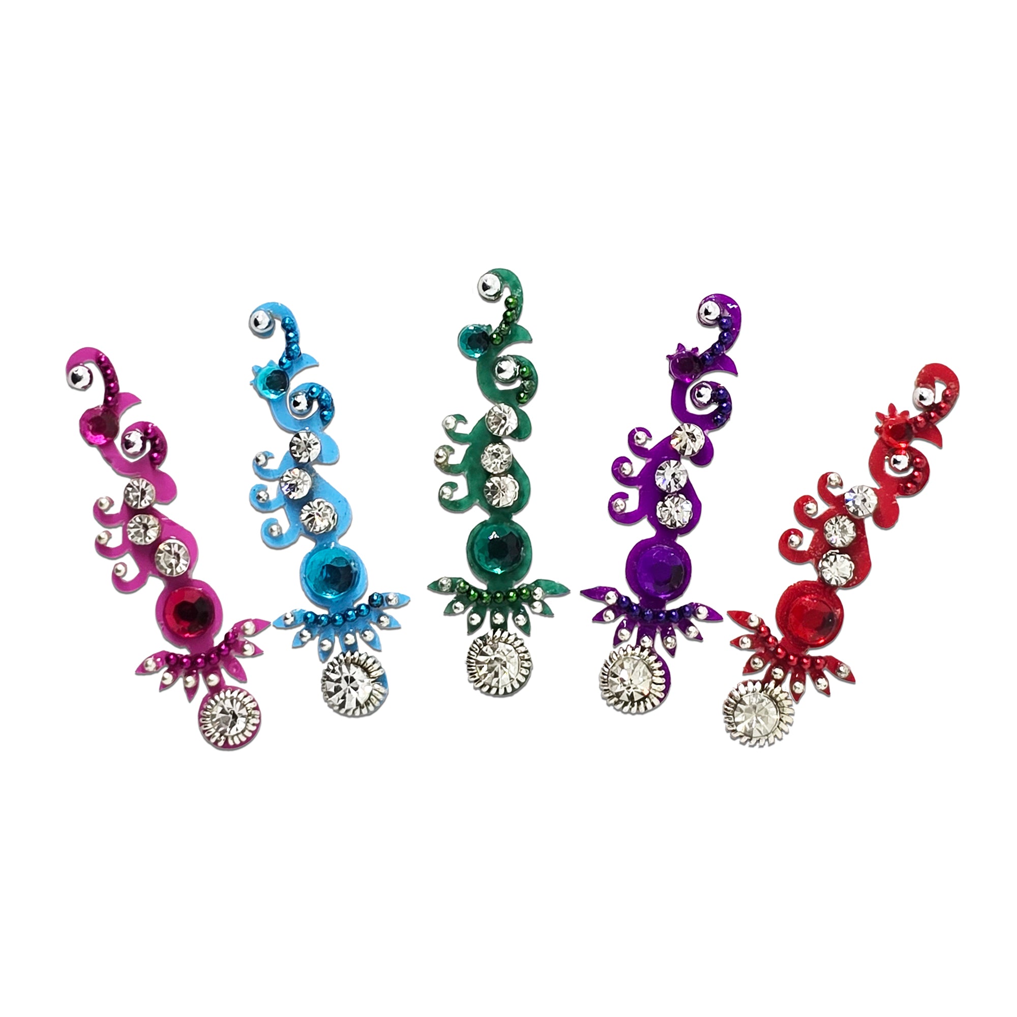 Comet Busters Royal Floral Crystal Dangle Designer Bindi featuring elegant multicolor enamel swirl patterns with sparkling rhinestones, floral crystal accents, and a shimmering hanging crystal drop. Self-adhesive reusable designer bindis for women and girls, perfect for weddings, bridal wear, festivals, Navratri, Diwali, cultural events, parties, and traditional ethnic outfits.