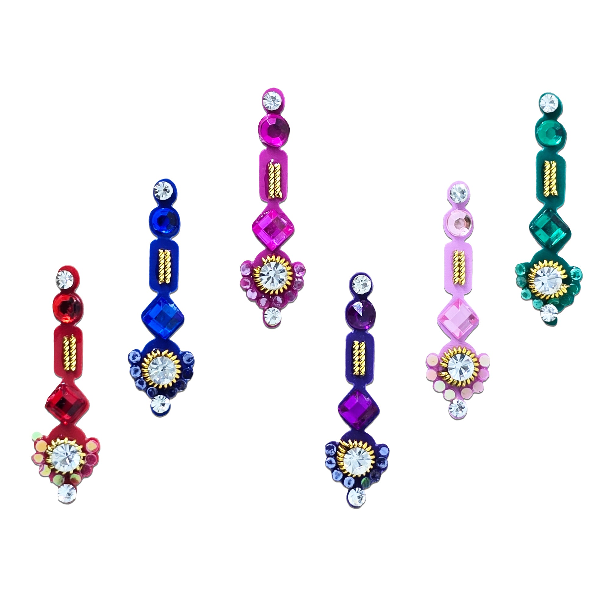 Comet Busters Royal Floral Crystal Long Designer Bindi featuring multicolor enamel accents with sparkling rhinestones, gold detailing, and floral motifs. Self-adhesive reusable long designer bindis for women and girls, ideal for weddings, festivals, Navratri, Diwali, bridal wear, cultural events, and traditional ethnic outfits.