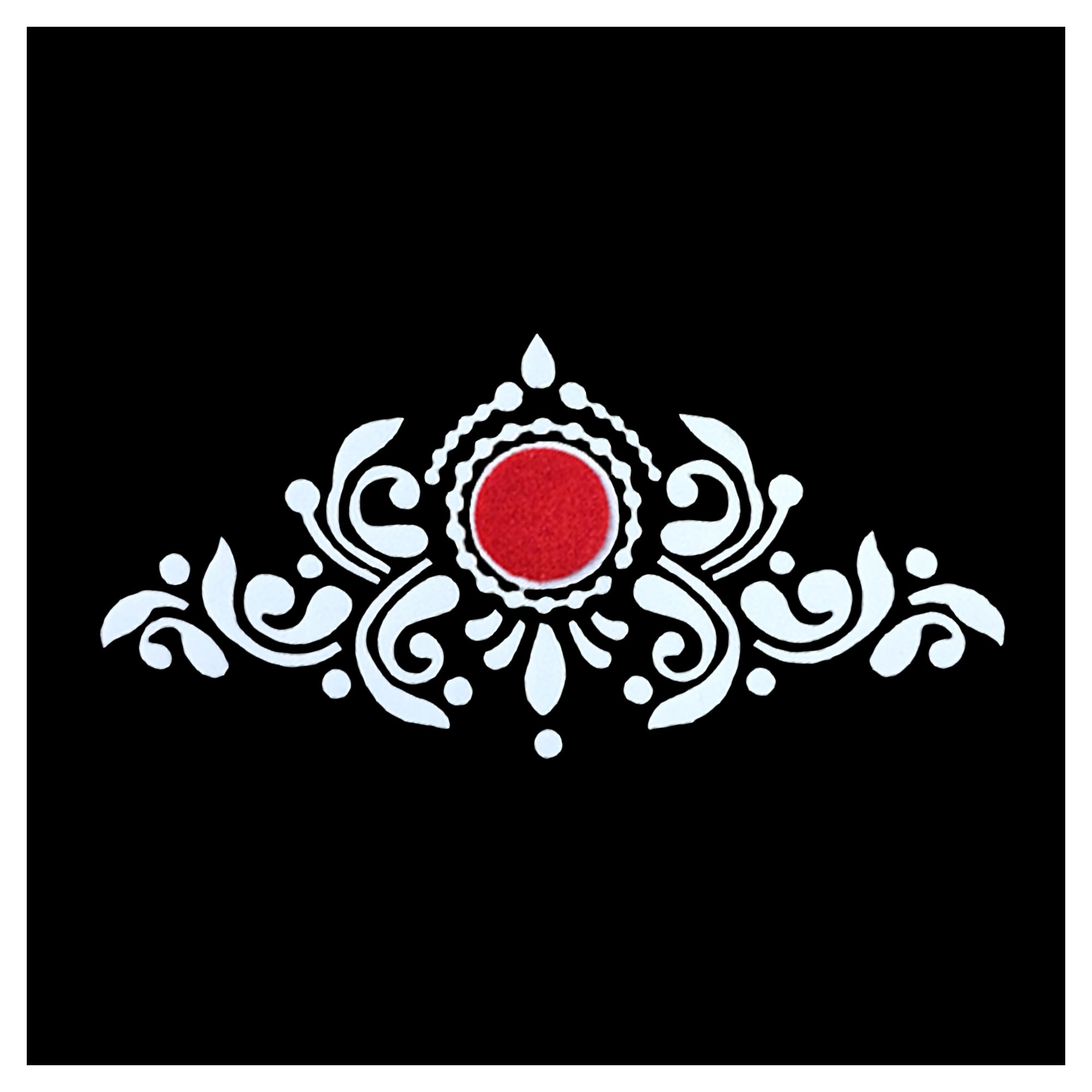 Comet Busters royal floral vine bindi featuring a red center stone surrounded by intricate white ornamental leaf and floral patterns.