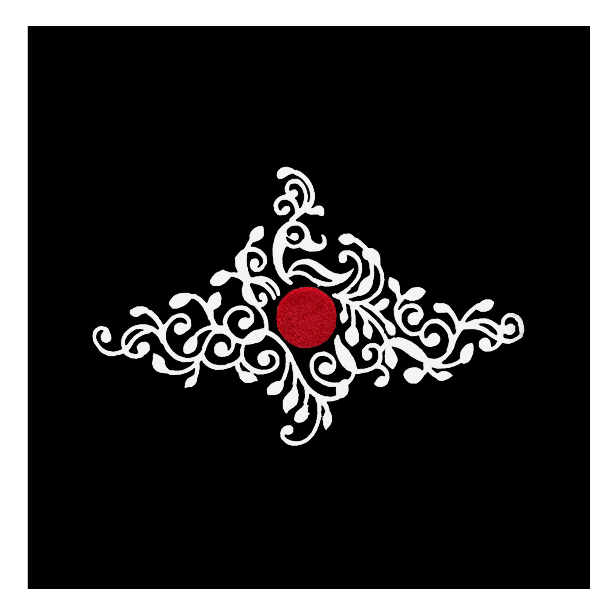 Comet Busters royal floral vine bindi featuring a red center stone surrounded by intricate white ornamental leaf and floral patterns.