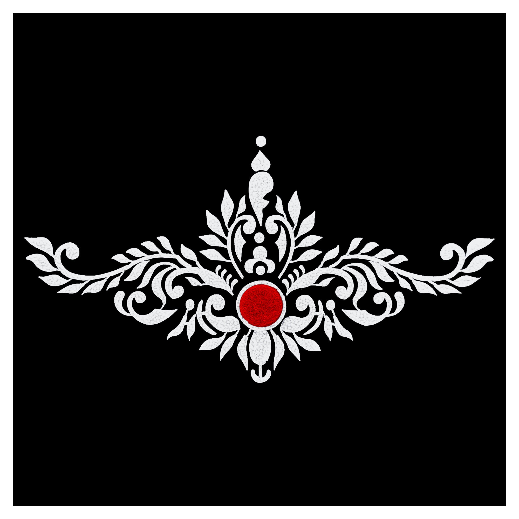 Comet Busters ornate floral vine bindi with a red centerpiece and elegant white detailing.