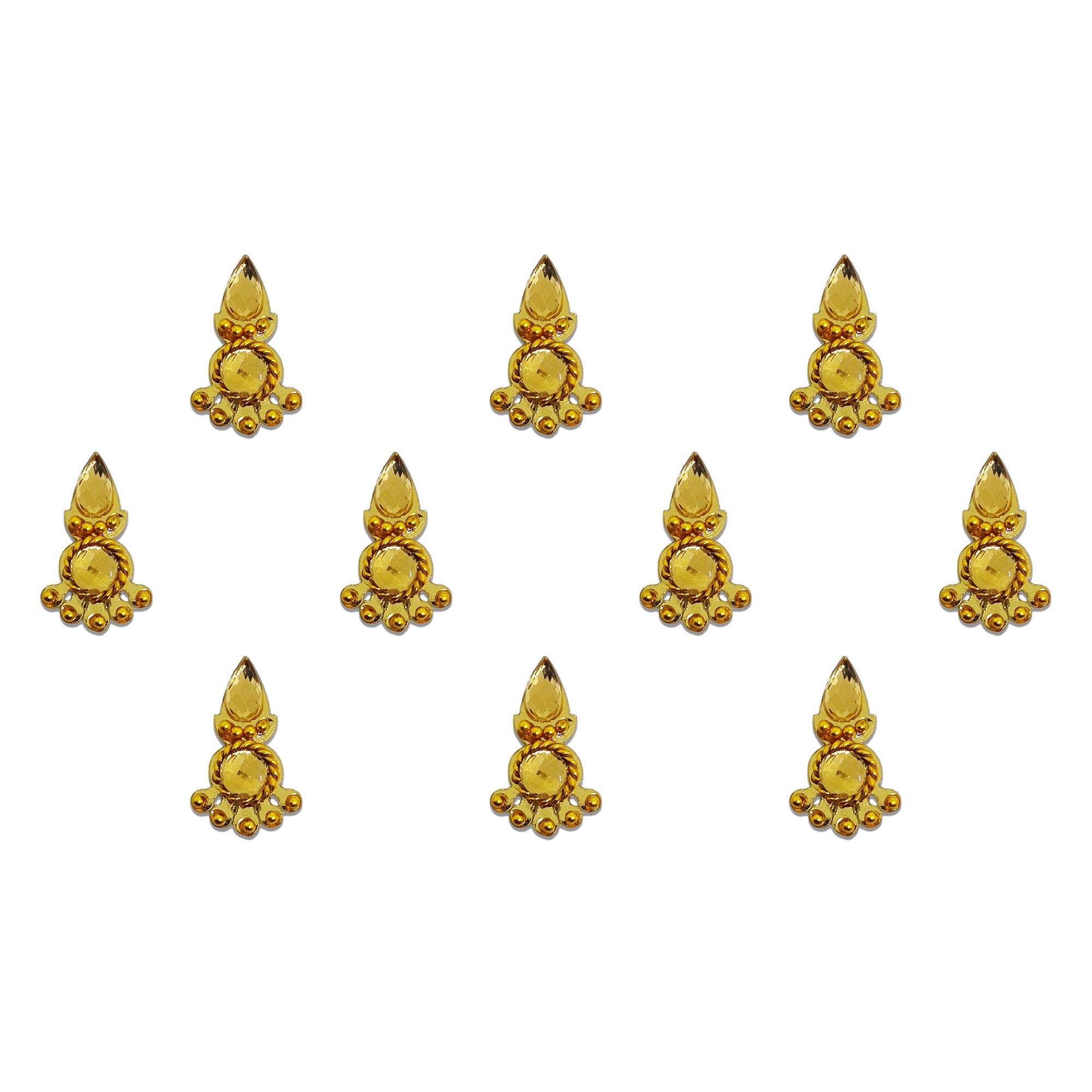 Comet Busters Royal Golden Teardrop Designer Bindi featuring an elegant antique gold finish with a teardrop-shaped top stone, round center stone, and decorative bead detailing. Self-adhesive designer bindis for women and girls, perfect for weddings, festive celebrations, Navratri, Diwali, Karwa Chauth, temple visits, cultural events, classical dance performances, and traditional or Indo-western ethnic wear.