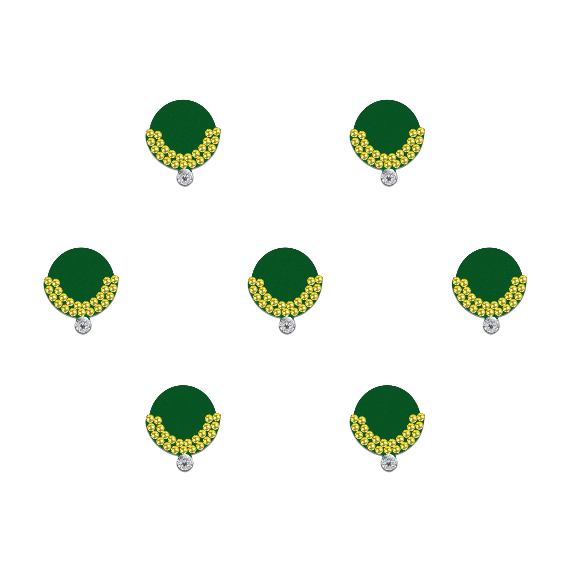 Comet Busters royal Green chand bindis featuring round maroon velvet bindis decorated with golden rhinestone crescent detailing and crystal drop accents, elegant self-adhesive festive bindi set for women and girls.