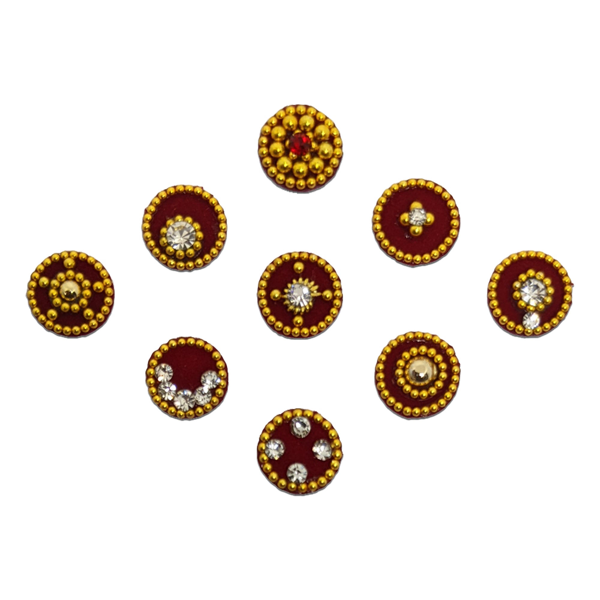 Comet Busters assorted maroon velvet round bindis featuring crystal stones, golden beadwork, floral motifs, and traditional designer patterns, premium Indian forehead stickers for festive and bridal wear.