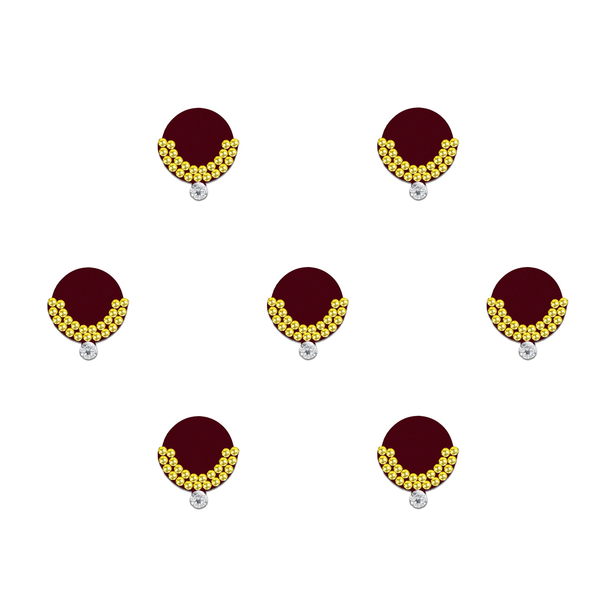 Comet Busters royal maroon chand bindis featuring round maroon velvet bindis decorated with golden rhinestone crescent detailing and crystal drop accents, elegant self-adhesive festive bindi set for women and girls.