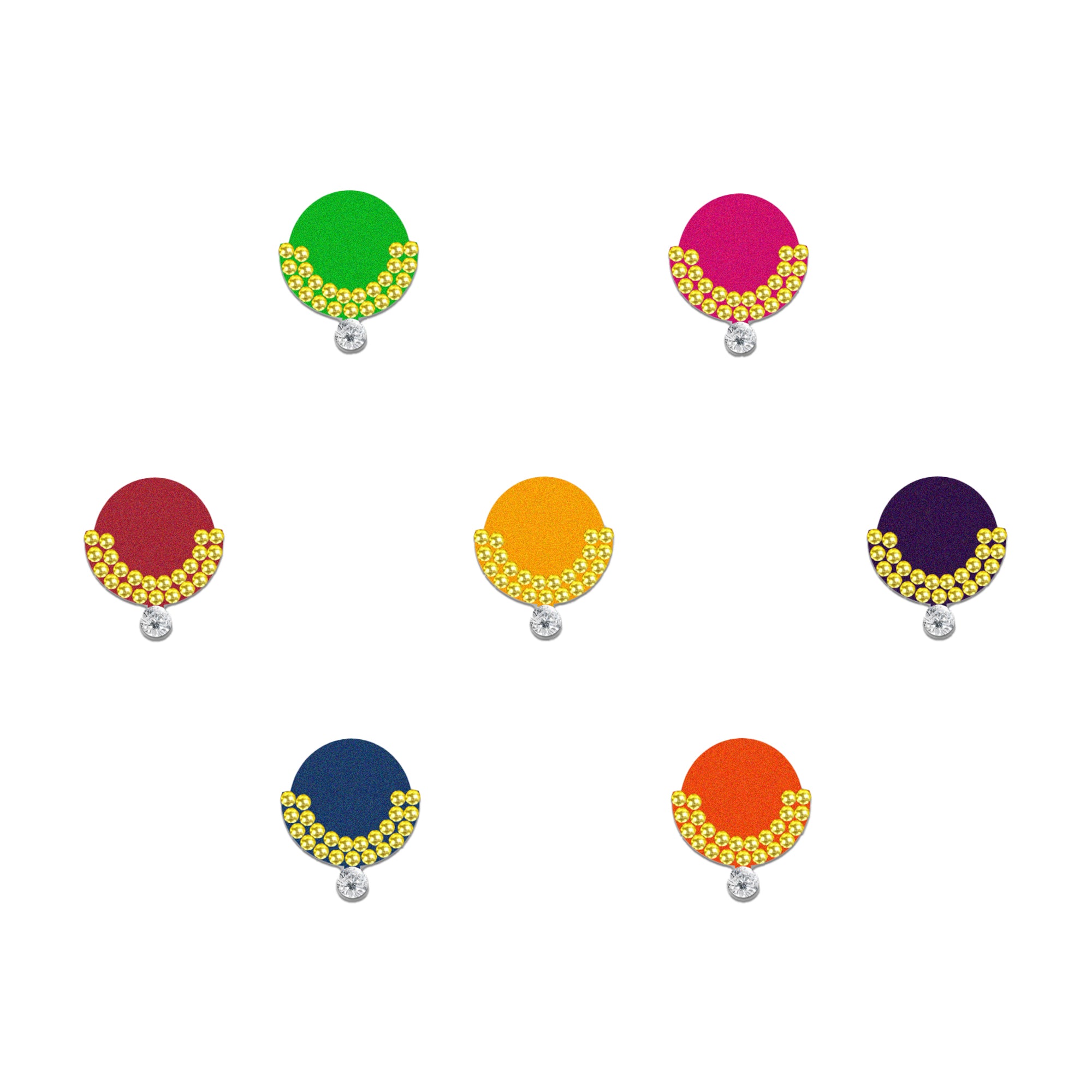 Comet Busters royal Multicolor chand bindis featuring round maroon velvet bindis decorated with golden rhinestone crescent detailing and crystal drop accents, elegant self-adhesive festive bindi set for women and girls.
