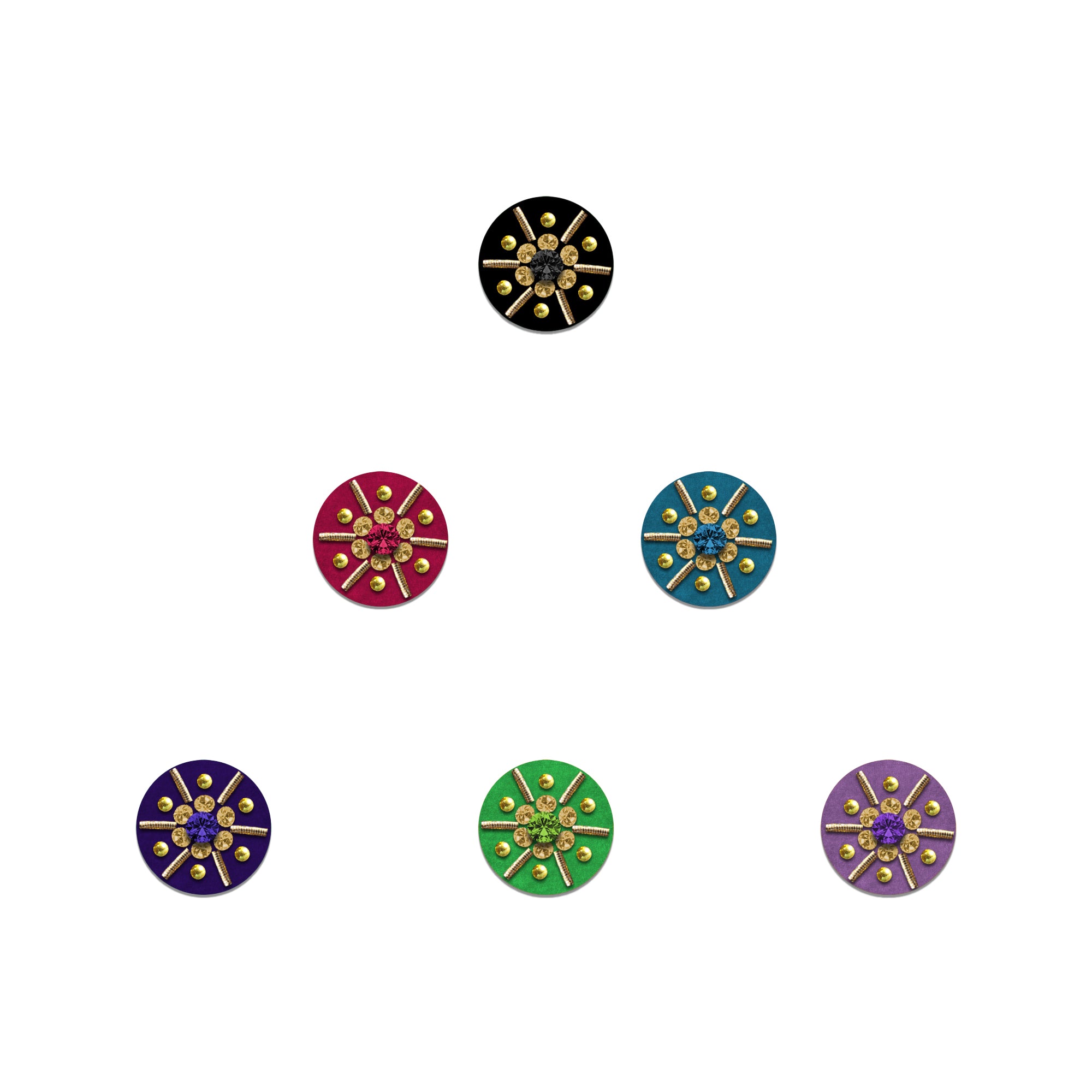 Collection of 9mm round velvet bindis with radiant sunray pattern, center crystal stone, golden bead accents, and rhinestone spokes in black, pink, teal, purple, green, and lavender colors.