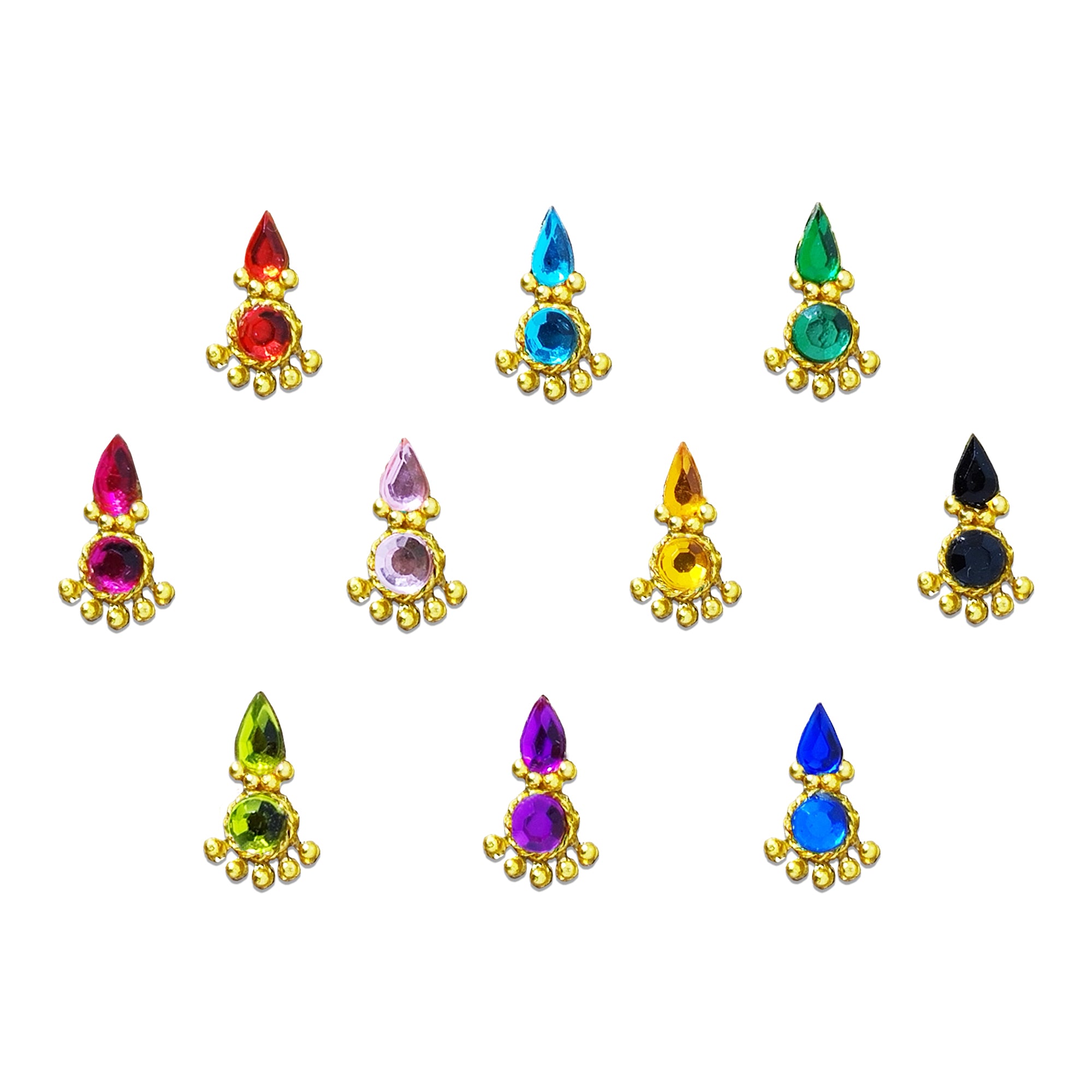 Comet Busters Royal Multicolor Teardrop Stone Designer Bindi featuring vibrant red, blue, green, pink, lavender, yellow, black, lime green, purple, and royal blue stones set in an elegant antique gold finish with a teardrop top, round center stone, and decorative bead detailing. Self-adhesive designer bindis for women and girls, ideal for weddings, Navratri, Diwali, Karwa Chauth, festive celebrations, temple visits, classical dance, cultural events, and traditional or Indo-western ethnic wear.4