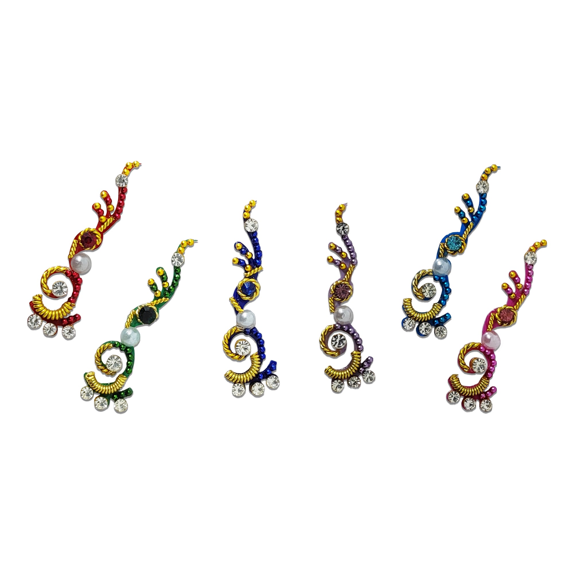 Comet Busters Royal Peacock Swirl Designer Bindi Set featuring elegant peacock-inspired swirl bindis in red, green, royal blue, lavender, sky blue, and pink with sparkling crystal stones, pearl accents, gold detailing, and intricate curved patterns. Self-adhesive premium designer bindis for women and girls, perfect for weddings, bridal wear, Navratri, Diwali, festivals, parties, classical dance performances, and traditional or Indo-western ethnic outfits.