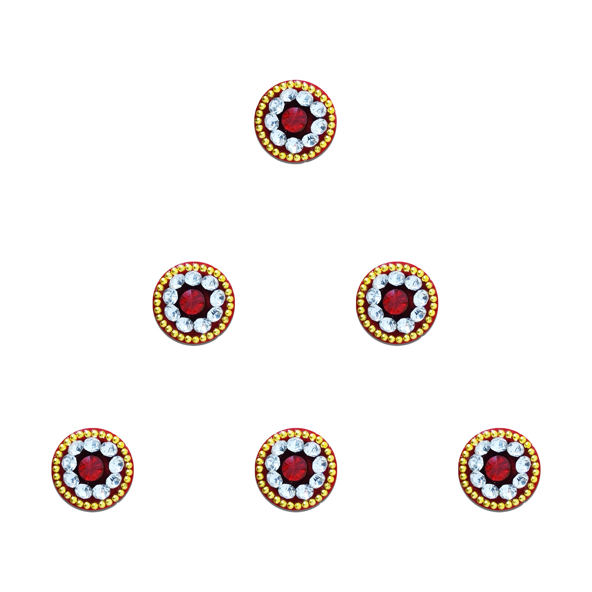 Comet Busters Royal Ruby Crystal Halo Bindi featuring a deep ruby red center crystal surrounded by sparkling clear crystals and an elegant gold beaded border, self-adhesive designer bindi for women and girls, perfect for weddings, bridal wear, festivals, parties, traditional ceremonies, and elegant ethnic or fusion styling.